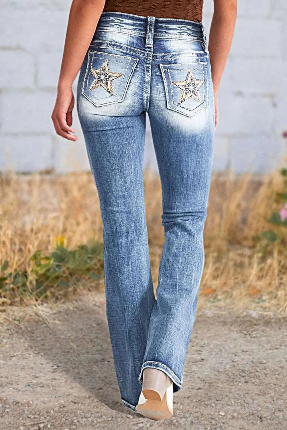 Star Embroidered Bootcut Jeans in Light Wash