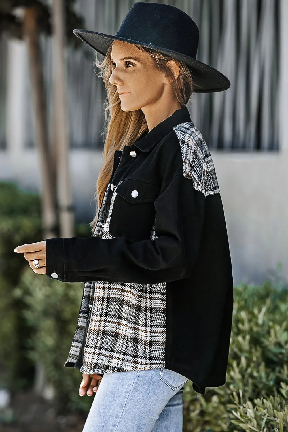 Plaid Button-Up Denim Jacket