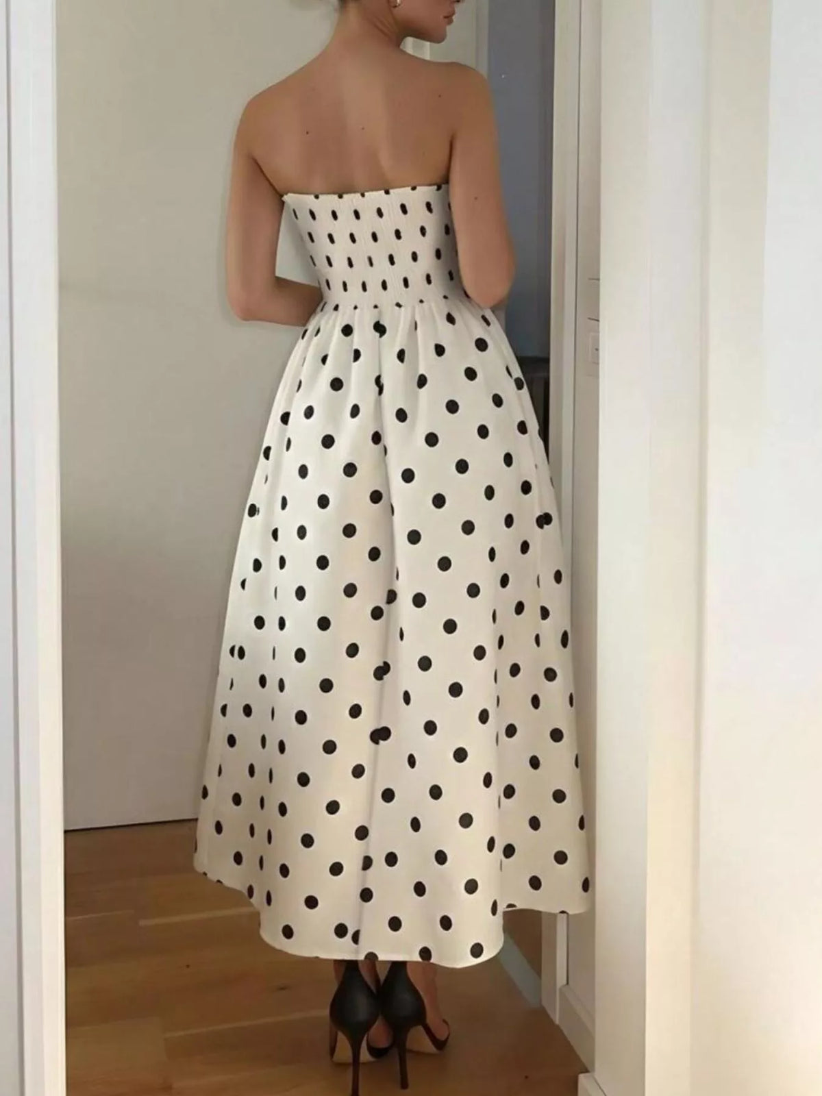 Polka Dot Strapless Midi Dress in Cream