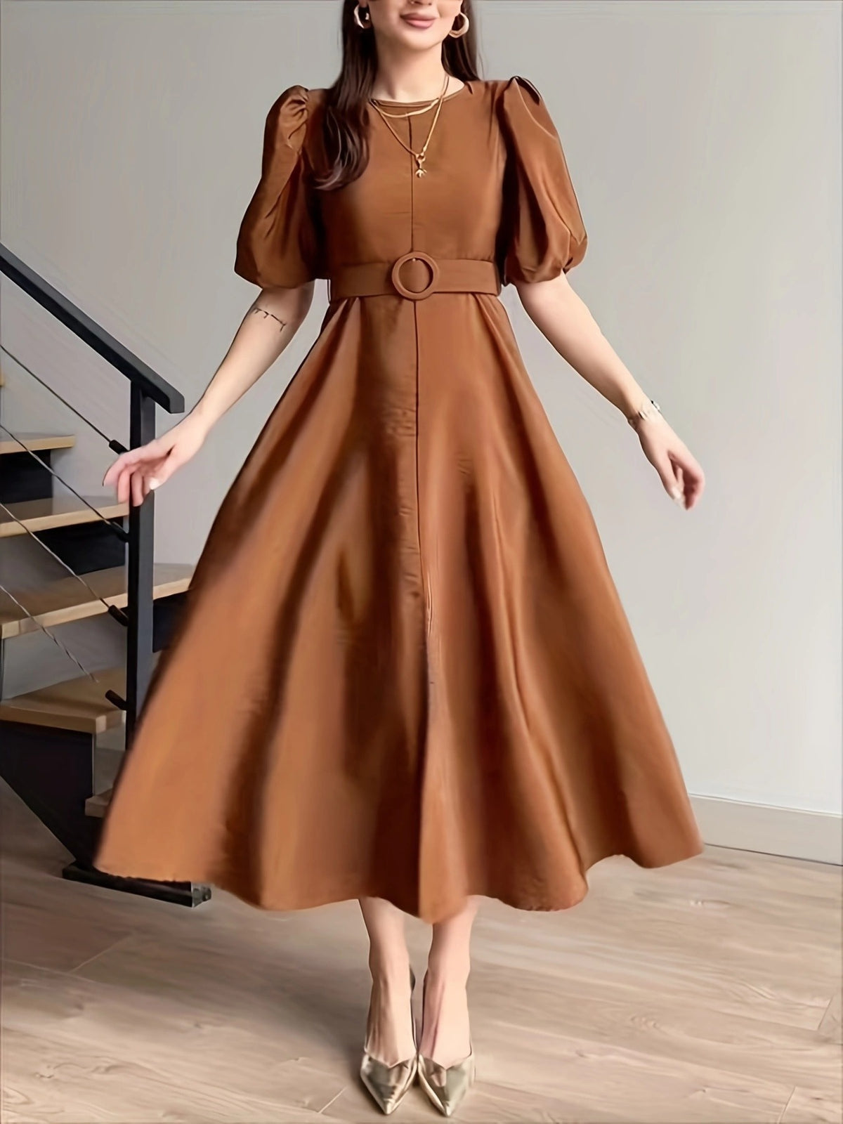 Belted Puff Sleeve Midi Dress in Tan