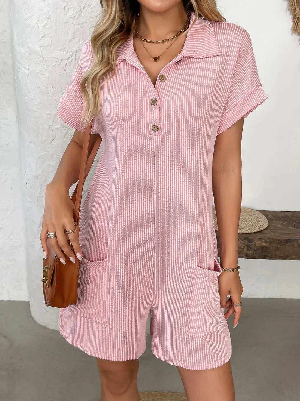 Collared Short Sleeve Button Detail Romper