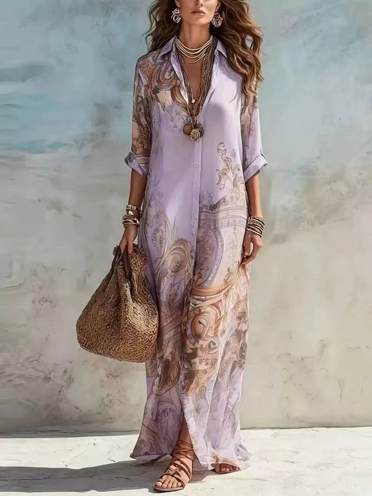 Printed Button-Down Shirt Maxi Dress