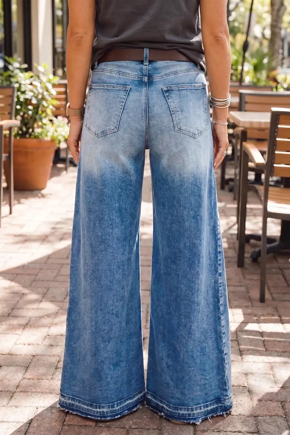 Side-Seam Gathered Flare Leg Jeans in Dusty Blue