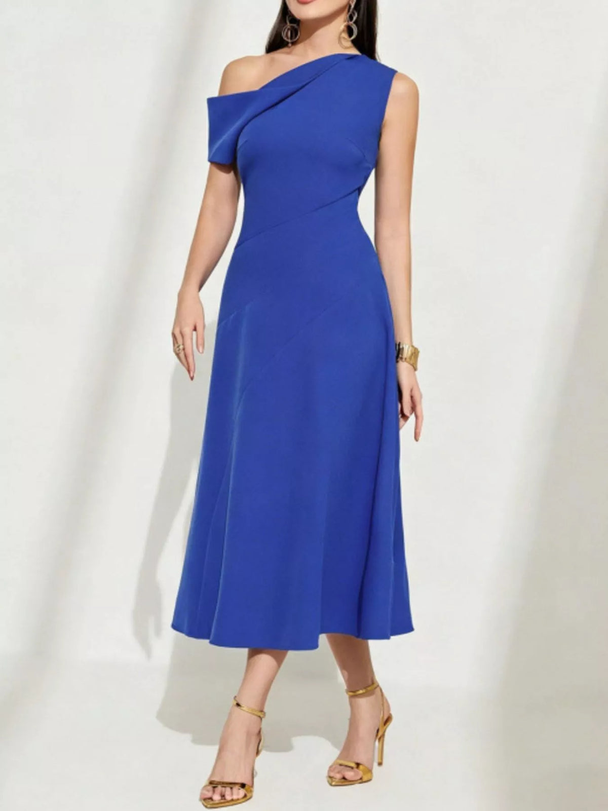 One-Shoulder Midi Dress in Royal Blue