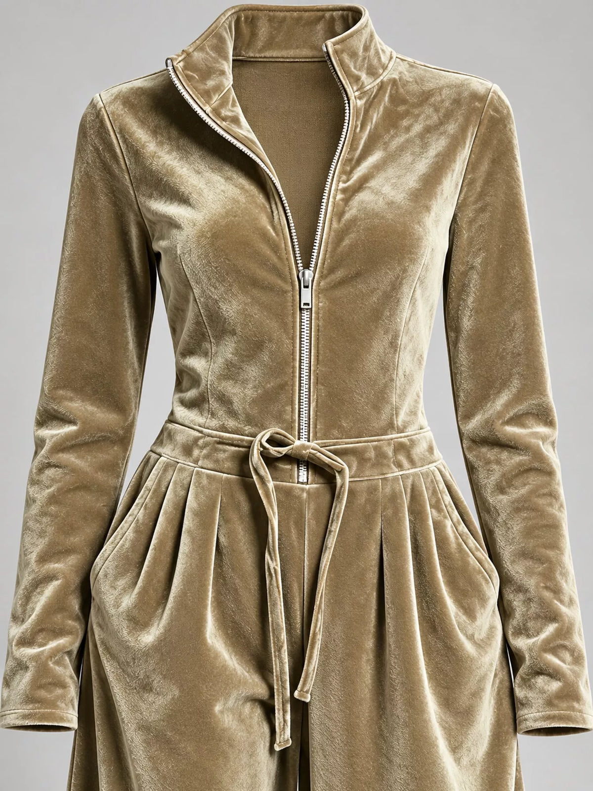 Velvet Zip-Up Jumpsuit with Tie Waist