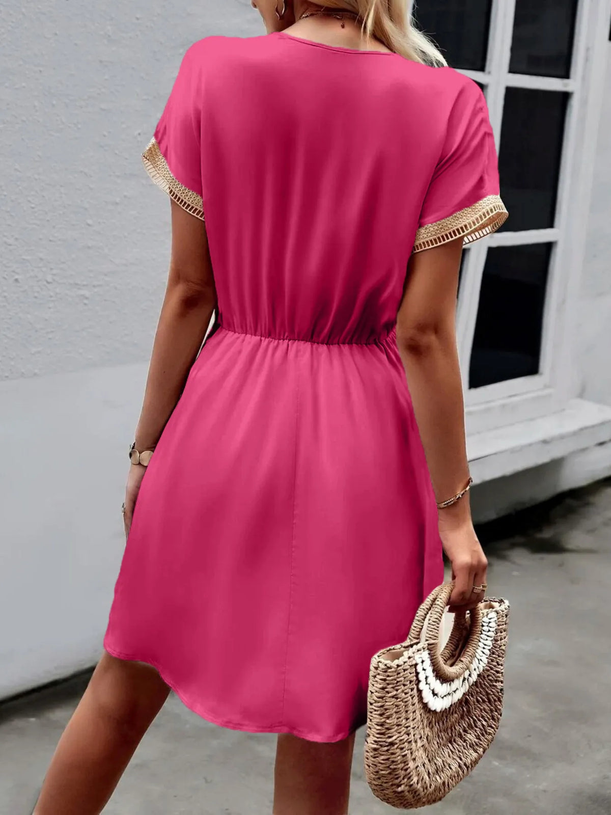 Tied V-Neck Short Sleeve Mini Dress