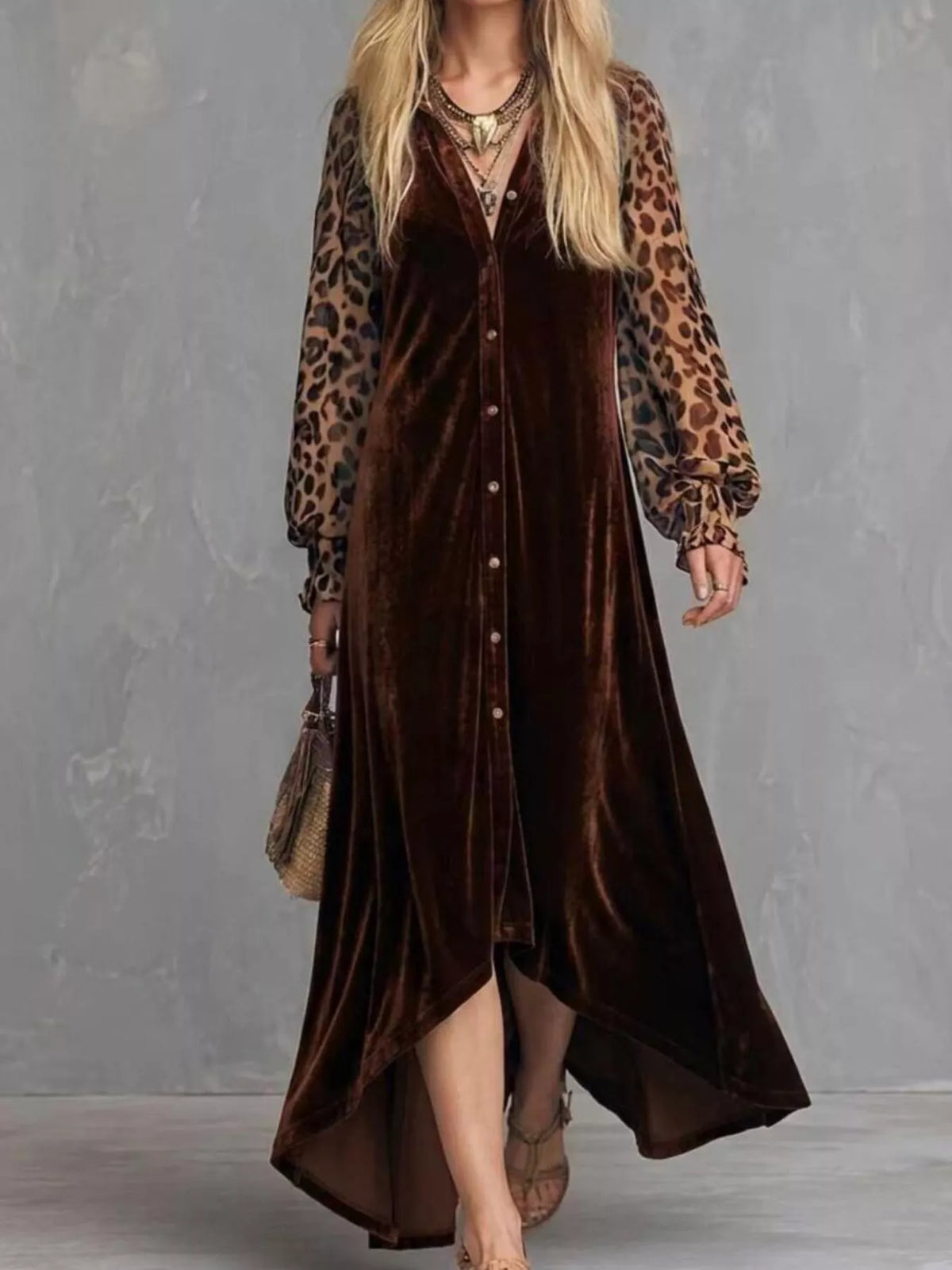 Leopard Velvet Button-Down Maxi Dress
