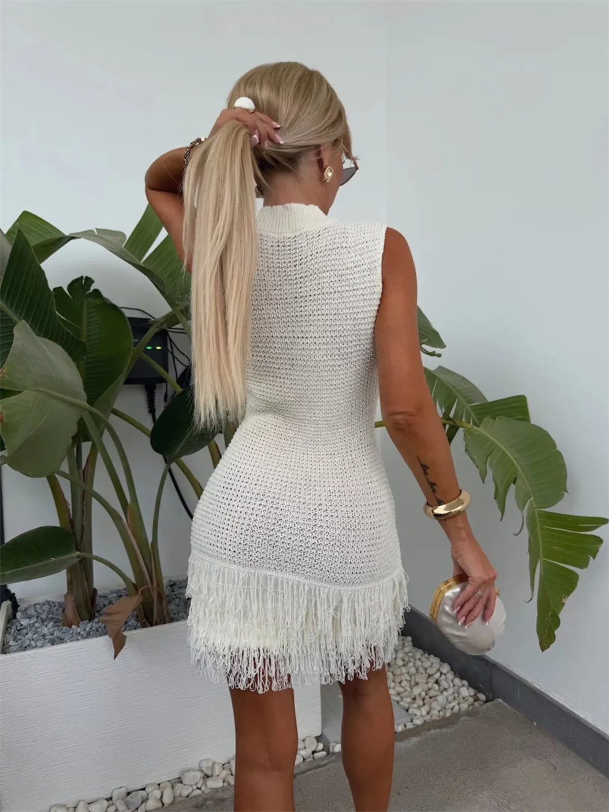 Fringe Round Neck Sweater Dress in Apricot
