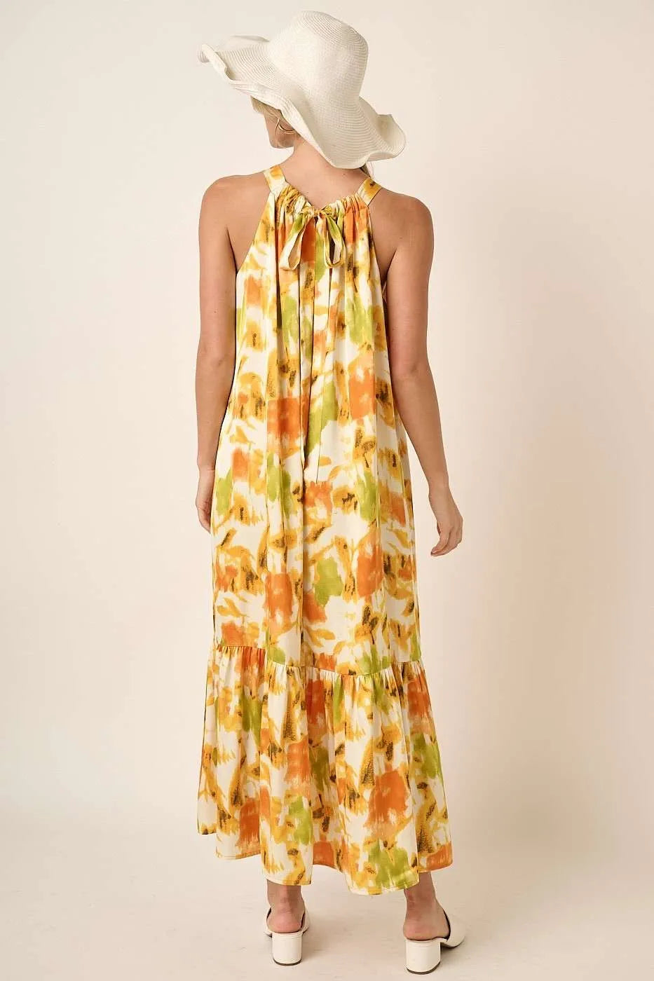 Watercolor Print Halter Maxi Dress in Orange by Mittoshop