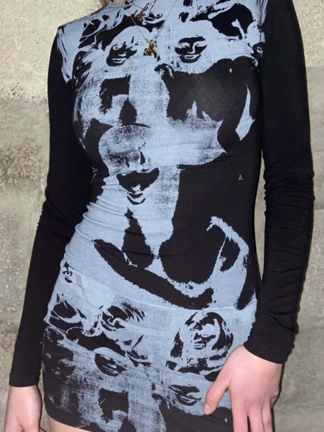 Printed Round Neck Long Sleeve Mini Dress in Black