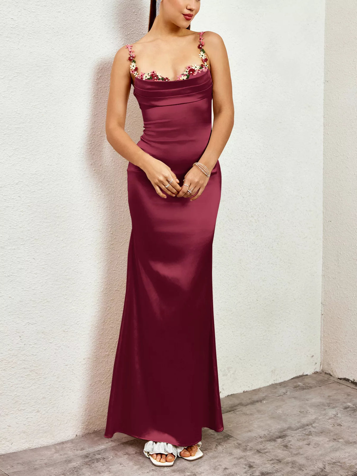 Embroidered Satin Maxi Dress