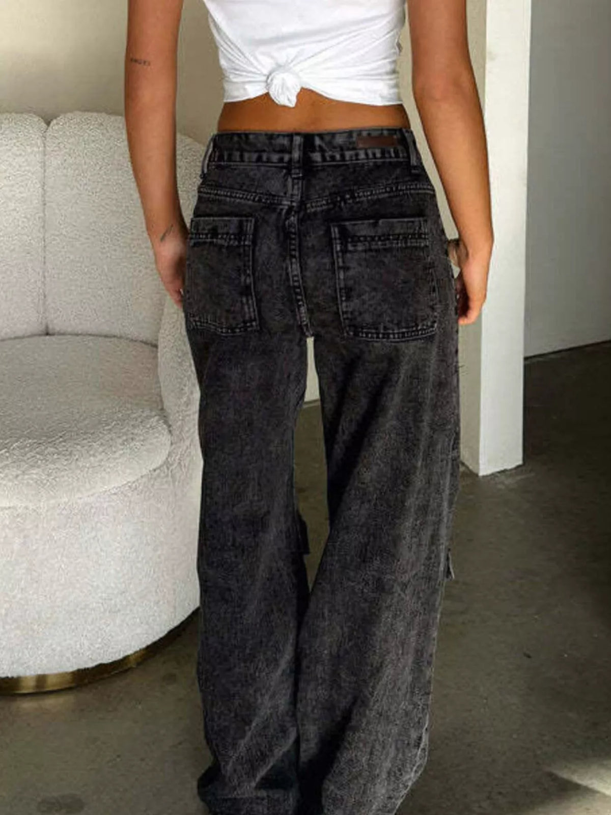 Zip-Front High-Waisted Wide-Leg Cargo Jeans by Dreamy Drapes
