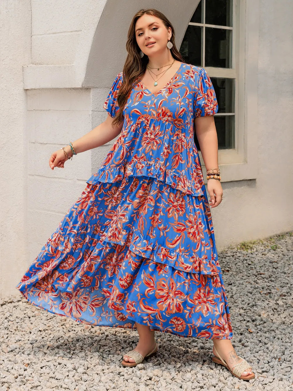 Ruffled Print V-Neck Maxi Dress in Blue