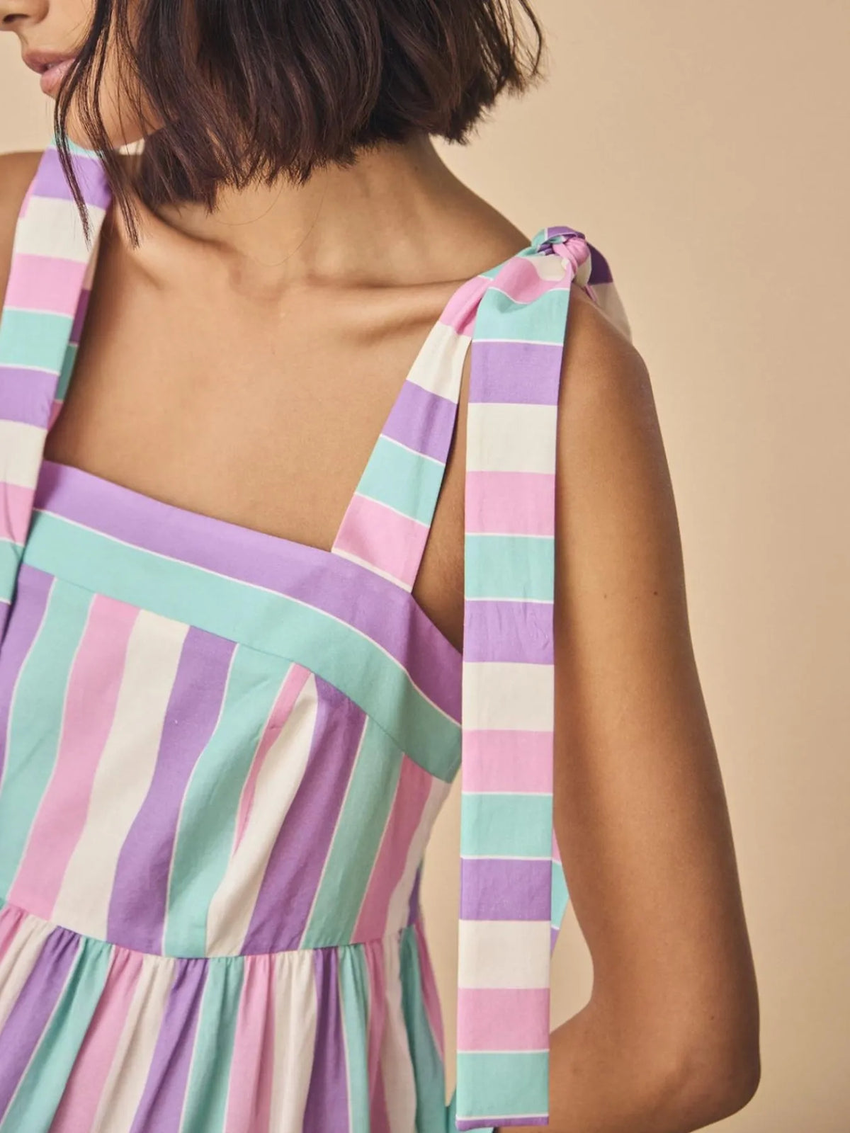 Striped Tiered Maxi Dress with Bow Ties in Pink Purple