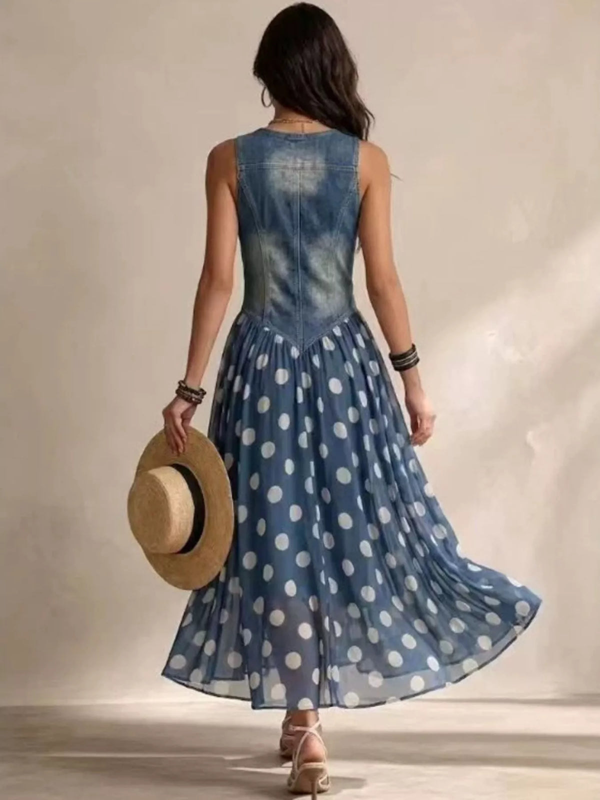 Polka Dot Medium Wash Denim Maxi Dress
