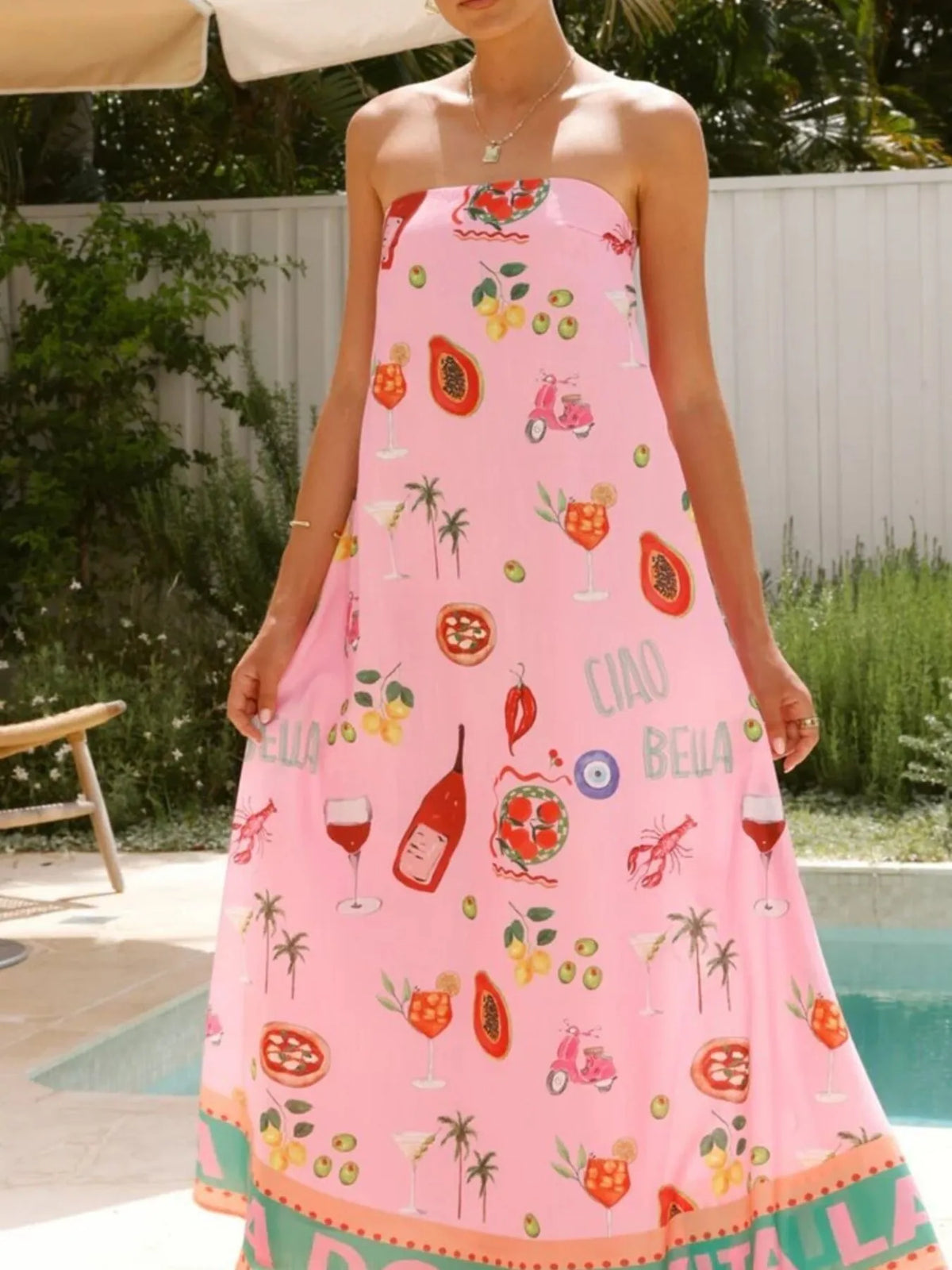 Printed Strapless Maxi Dress in Pink