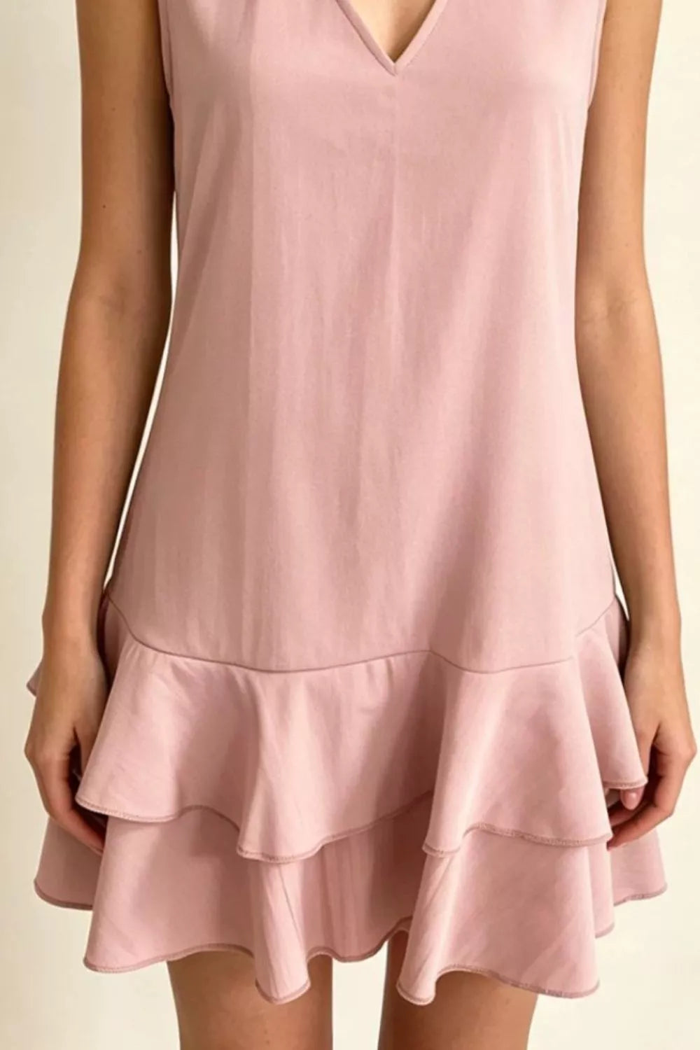 Sleeveless V-Neck Ruffle Hem Mini Dress in Beige