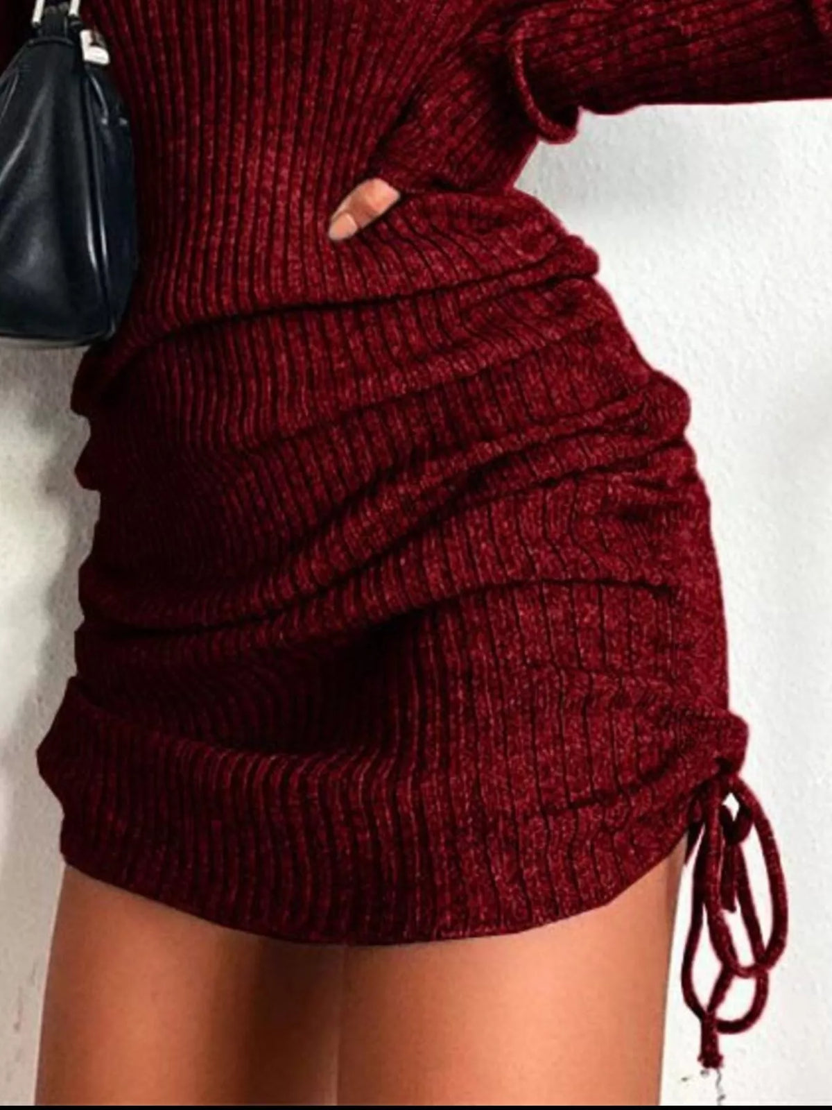 Ribbed Knit Drawstring Bodycon Sweater Dress