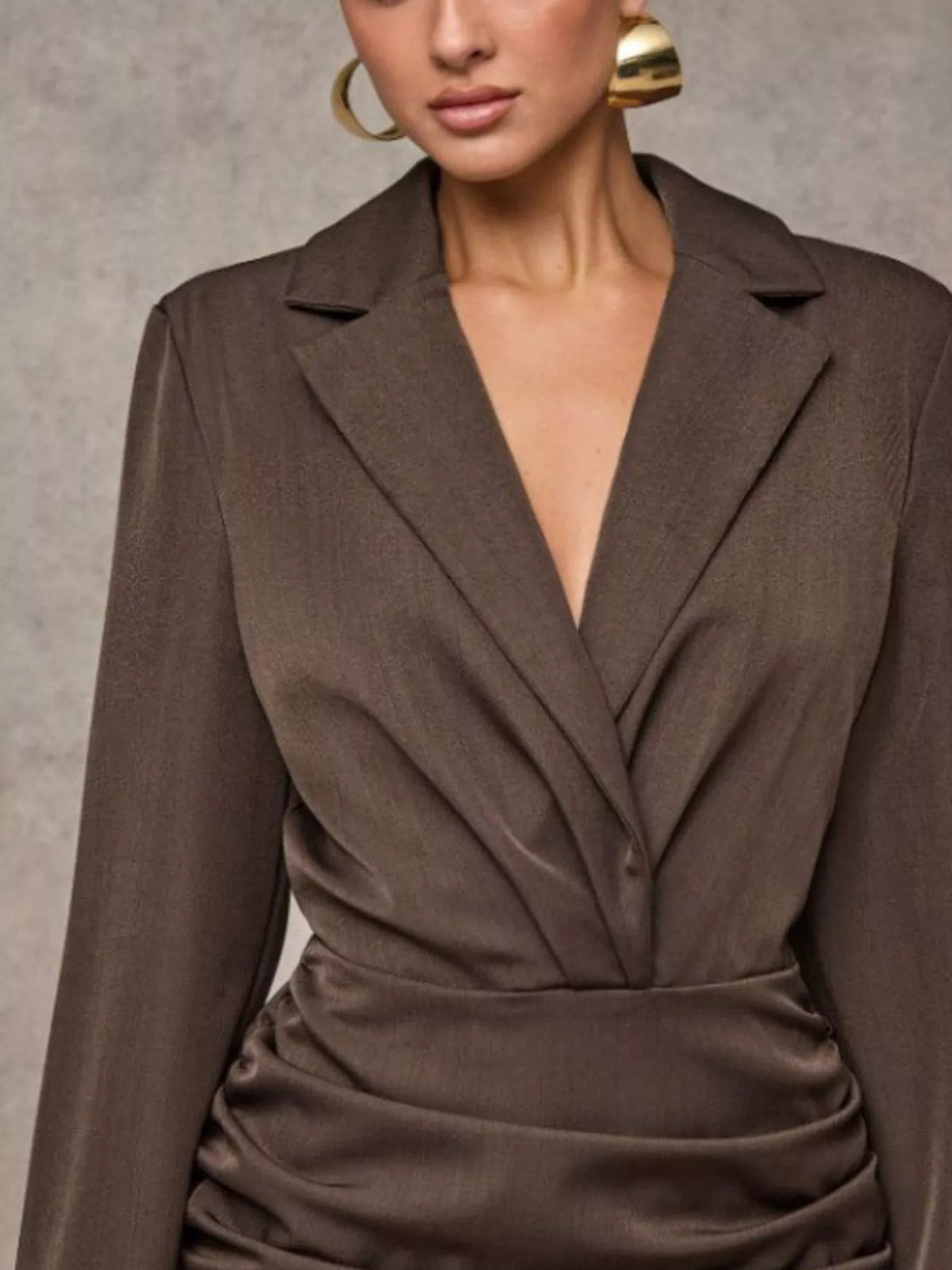 Blazer-Style Long Sleeve Ruffled Hem Mini Dress in Brown