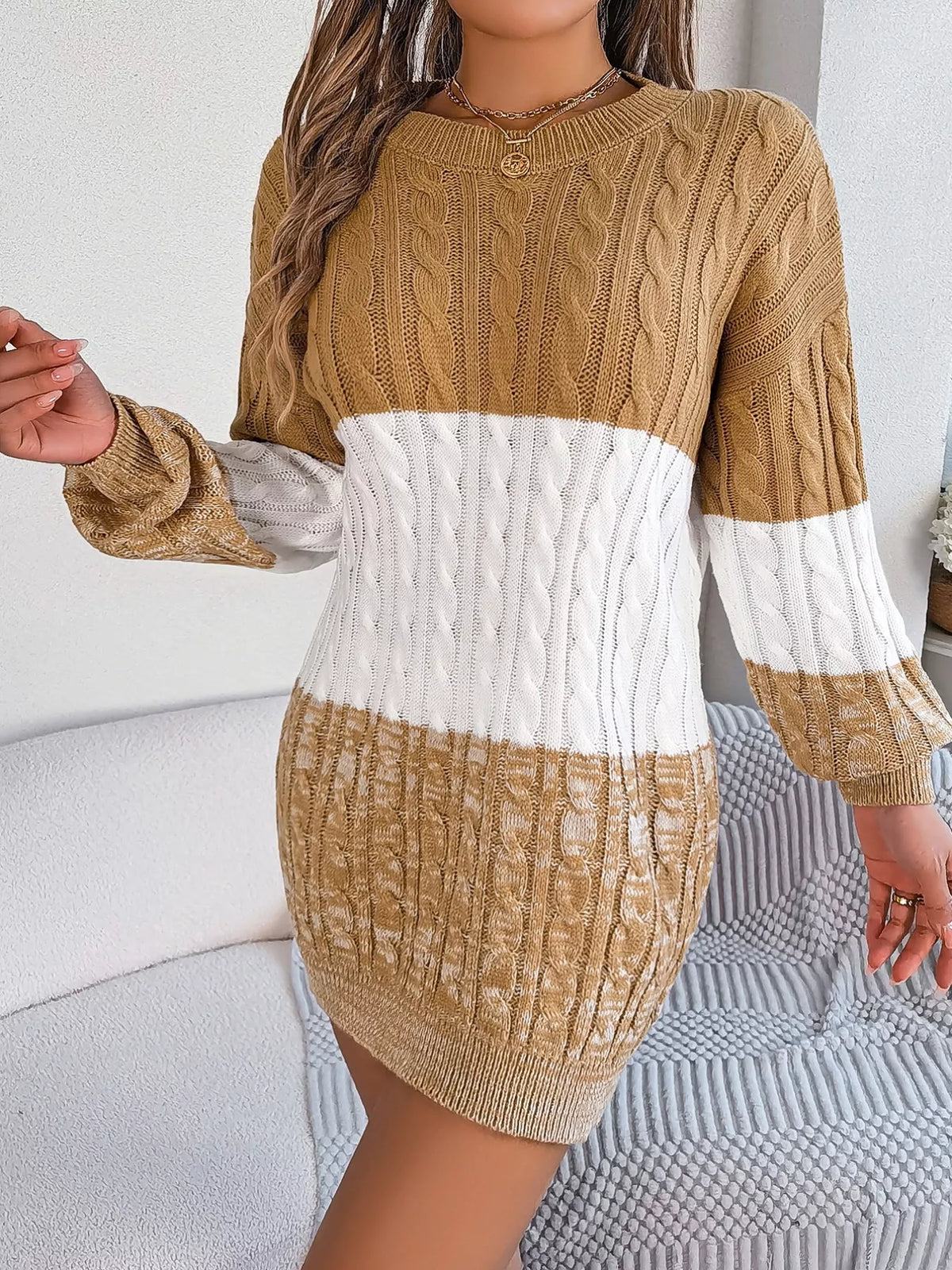 Color Block Cable Knit Sweater Dress