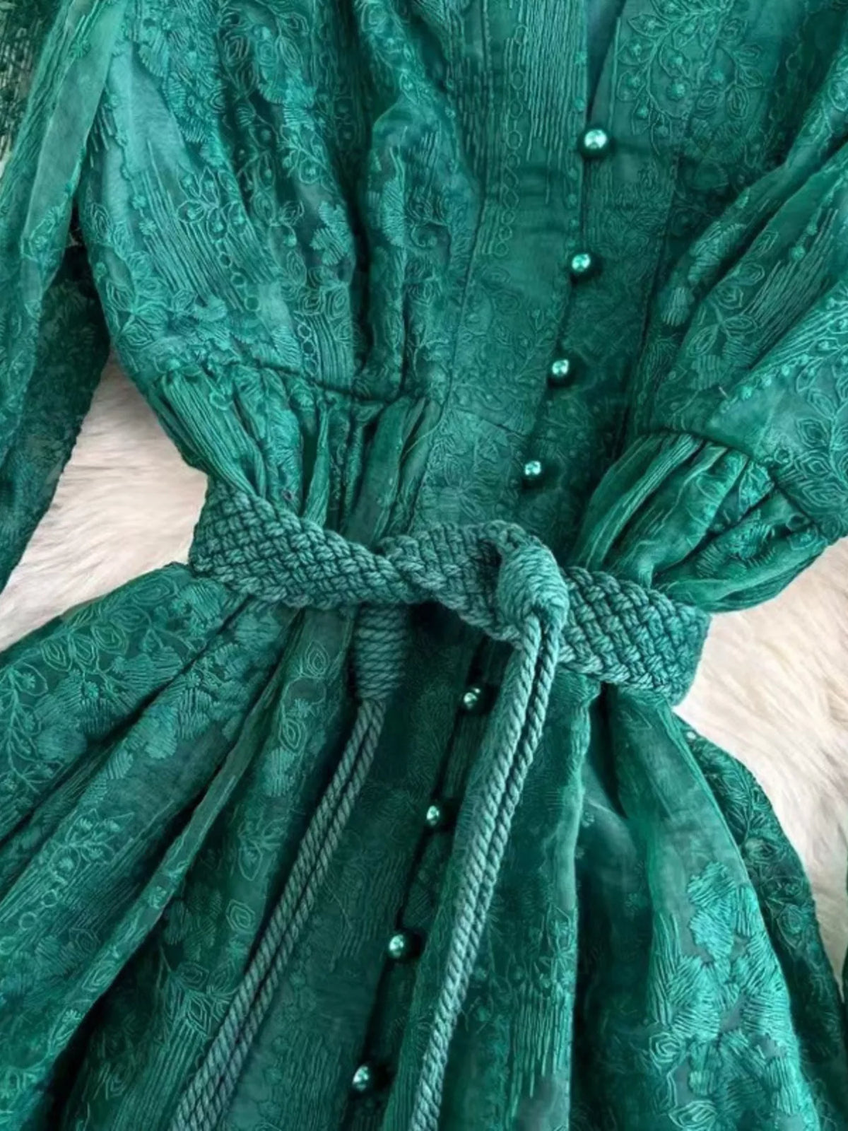 Lace Tie-Waist Long Sleeve Dress