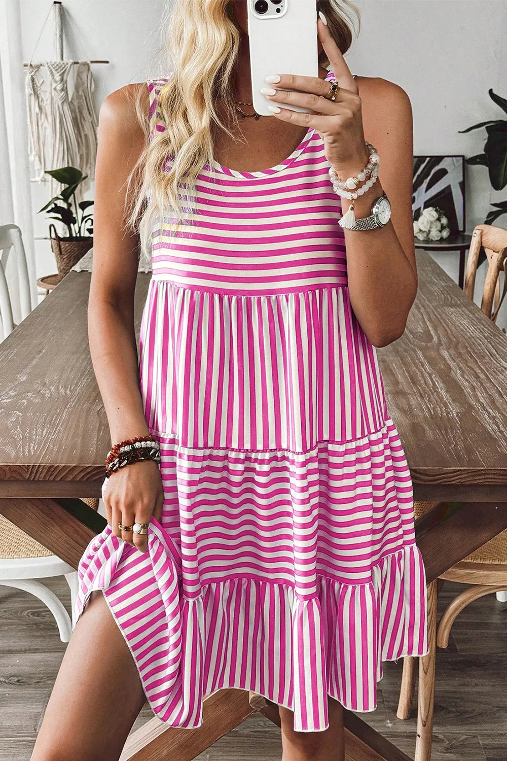 Striped U-Neck Tiered Mini Dress in Hot Pink