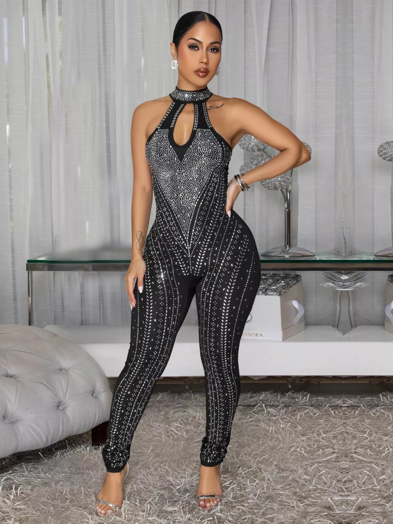 Sparkling Rhinestone Cutout Jumpsuit in Black