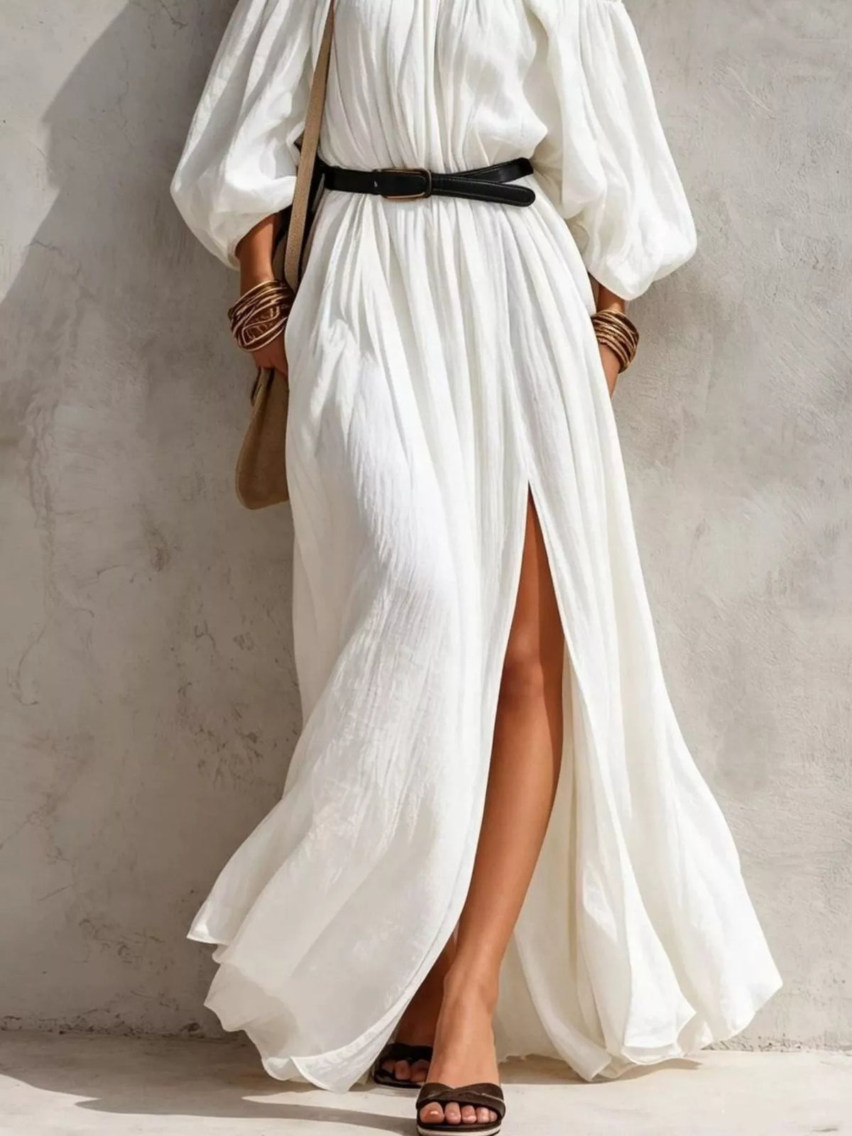 Boho Off-Shoulder Maxi Dress with Side Slit