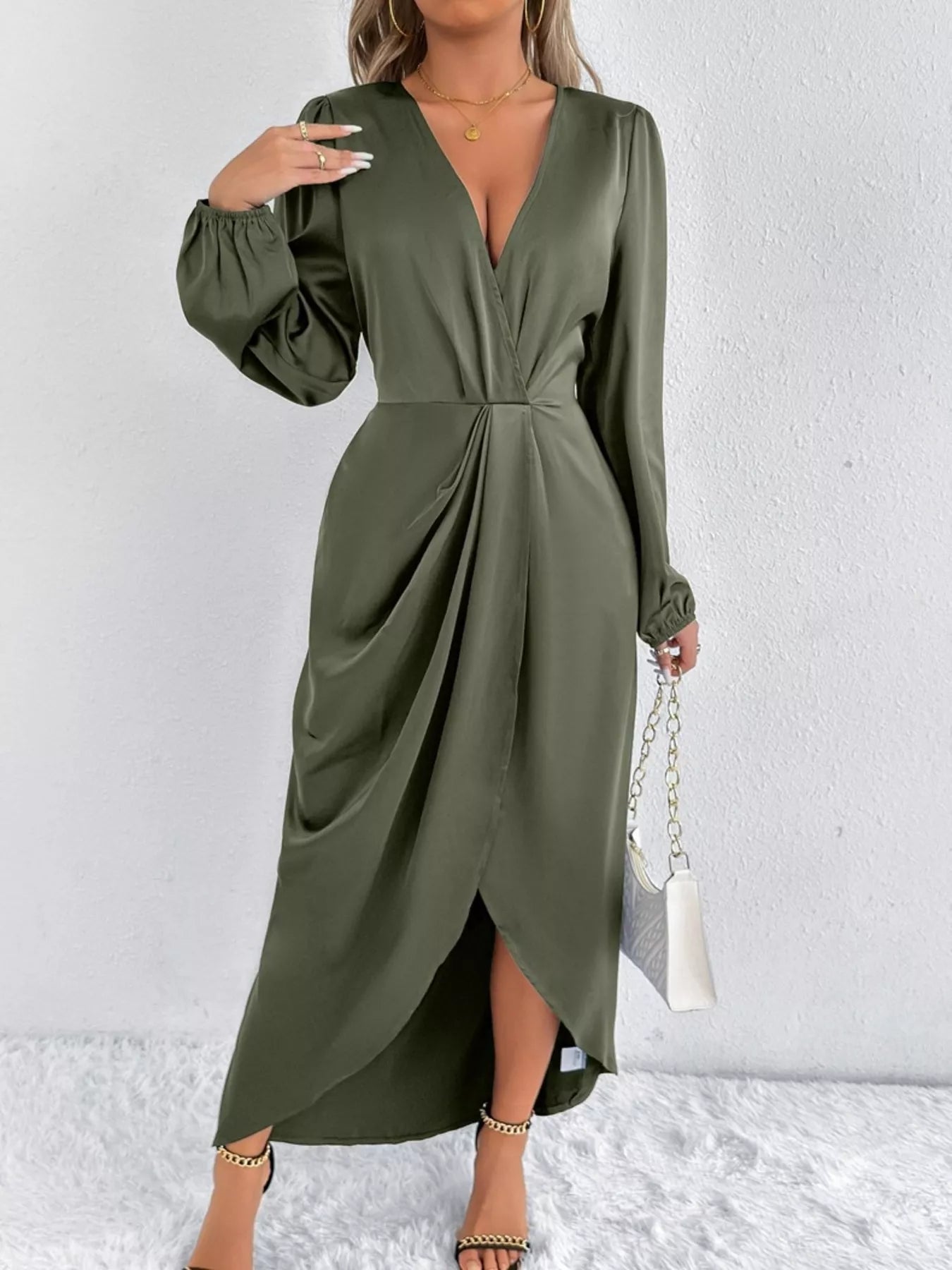 Satin Balloon Sleeve Midi Dress with Side Split