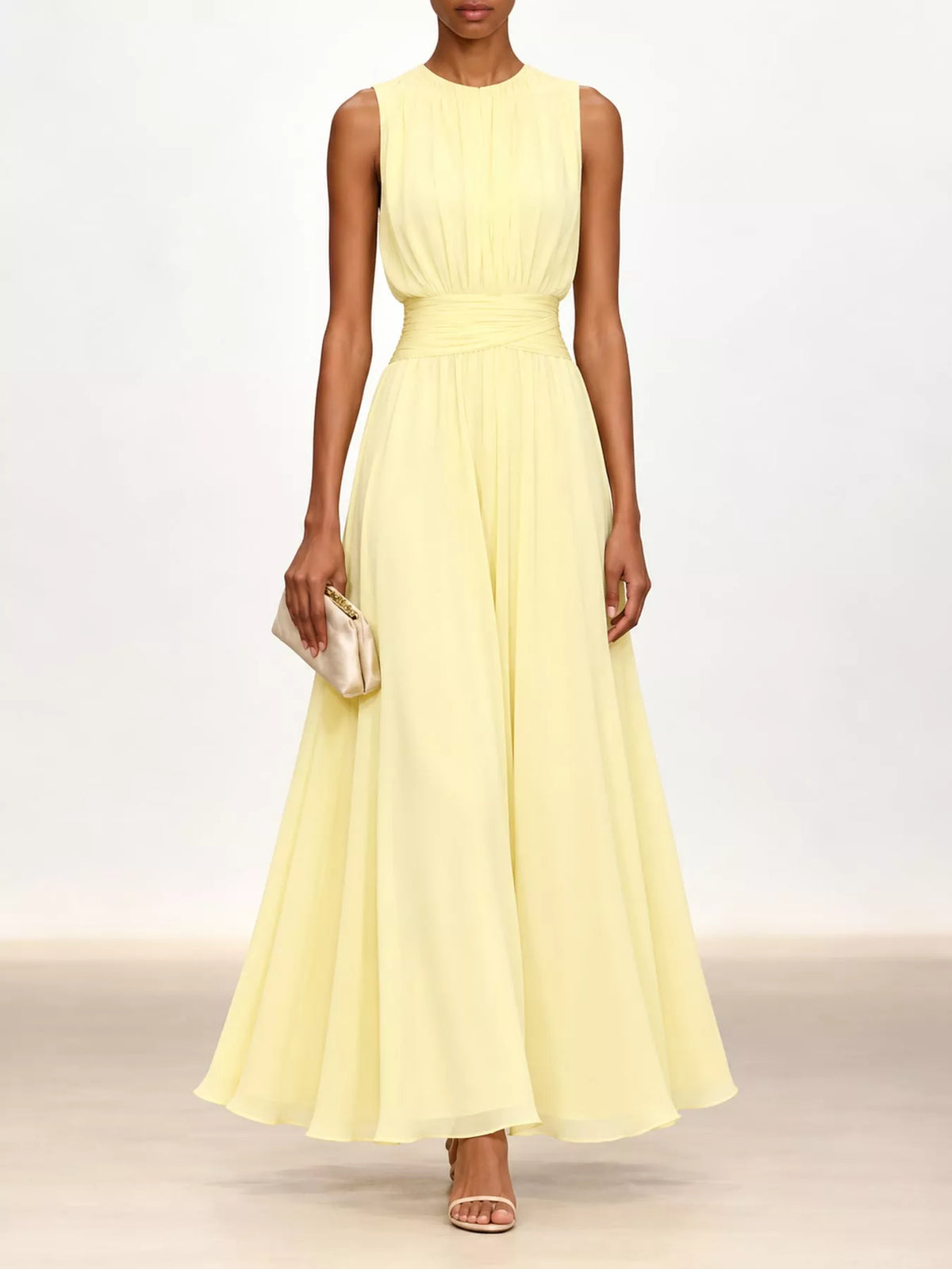Sleeveless Ruched Chiffon Maxi Dress