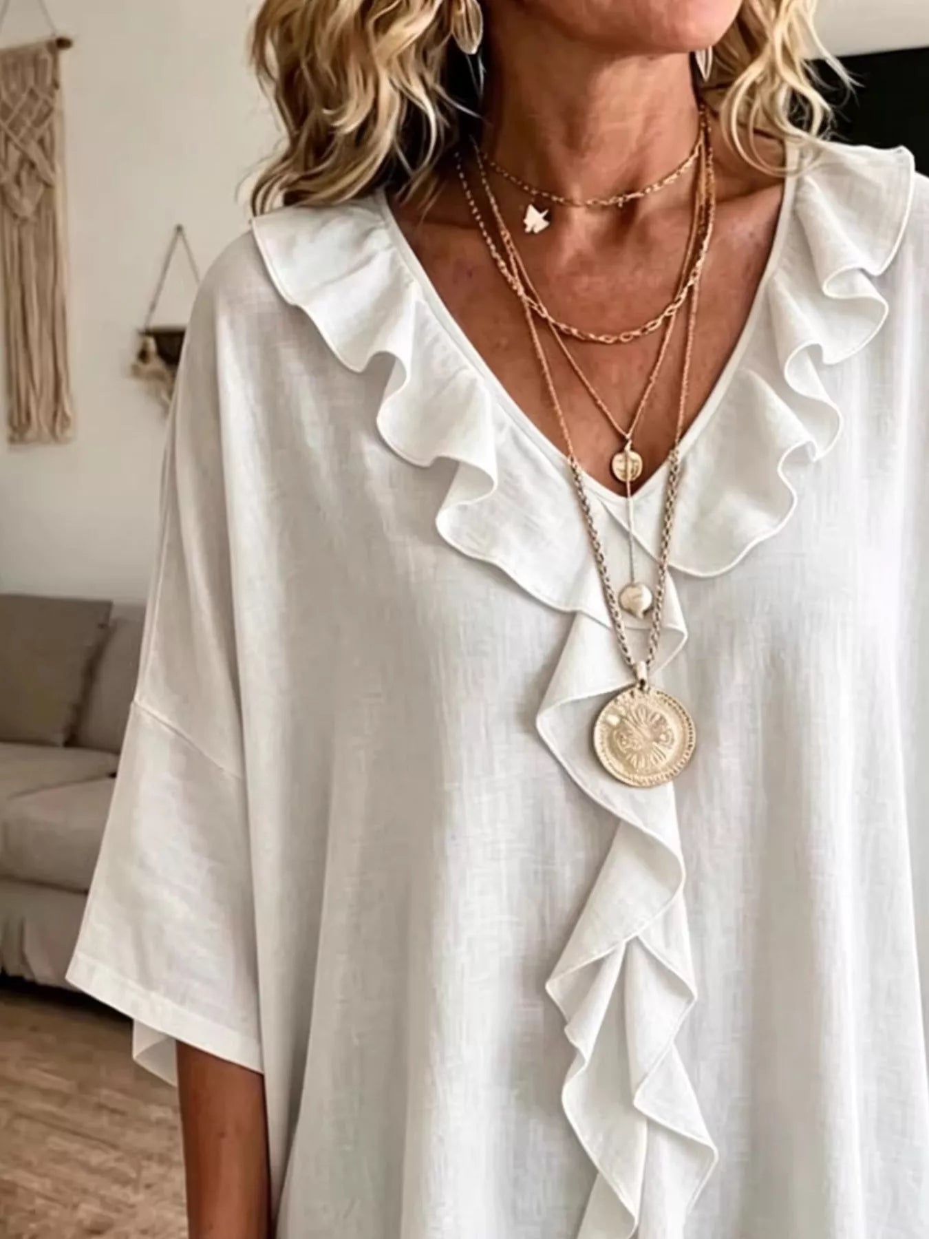 Ruffle V-Neck 3/4 Sleeve Blouse Plus Size