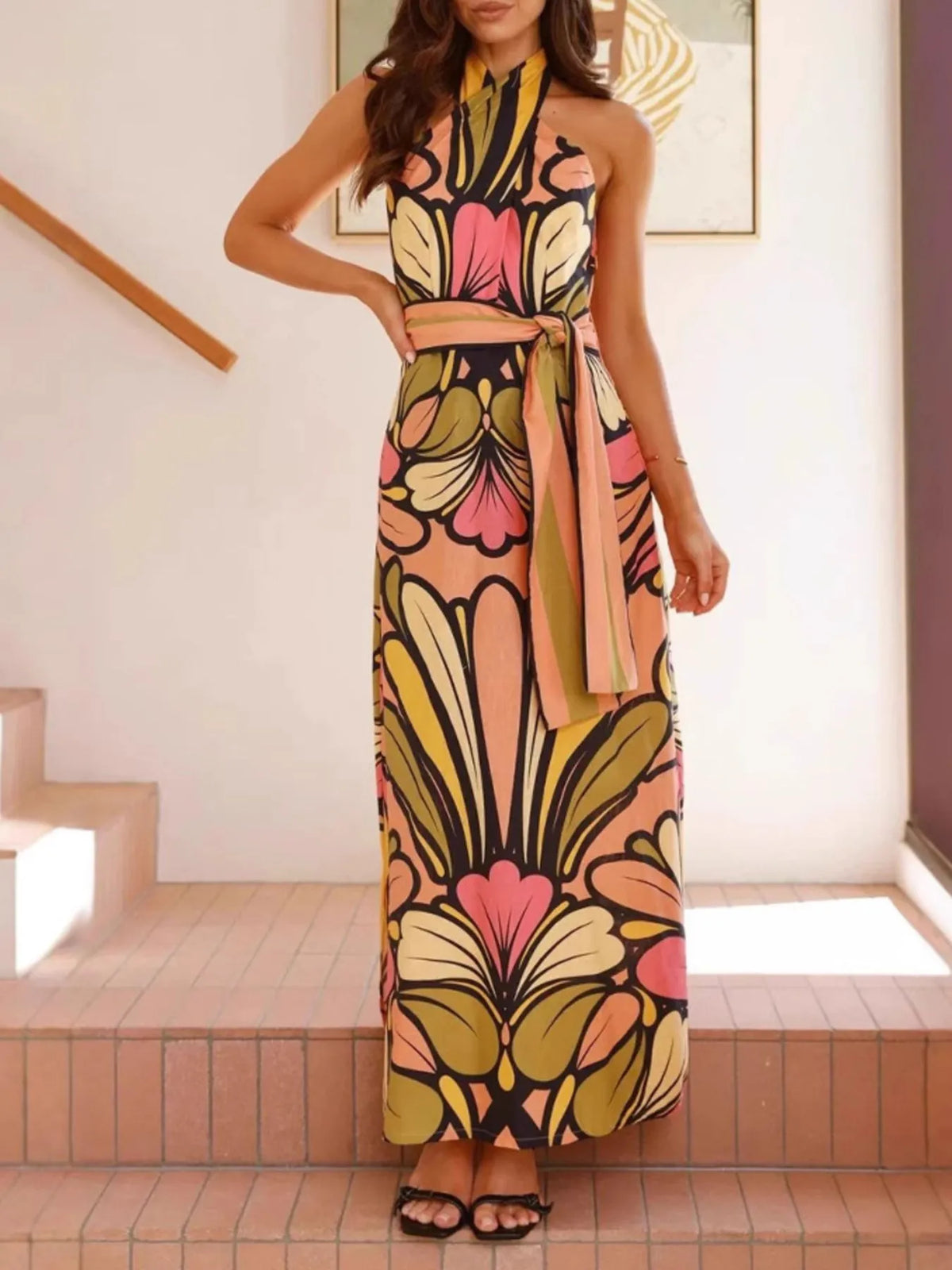 Printed Halter Maxi Dress in Multicolor
