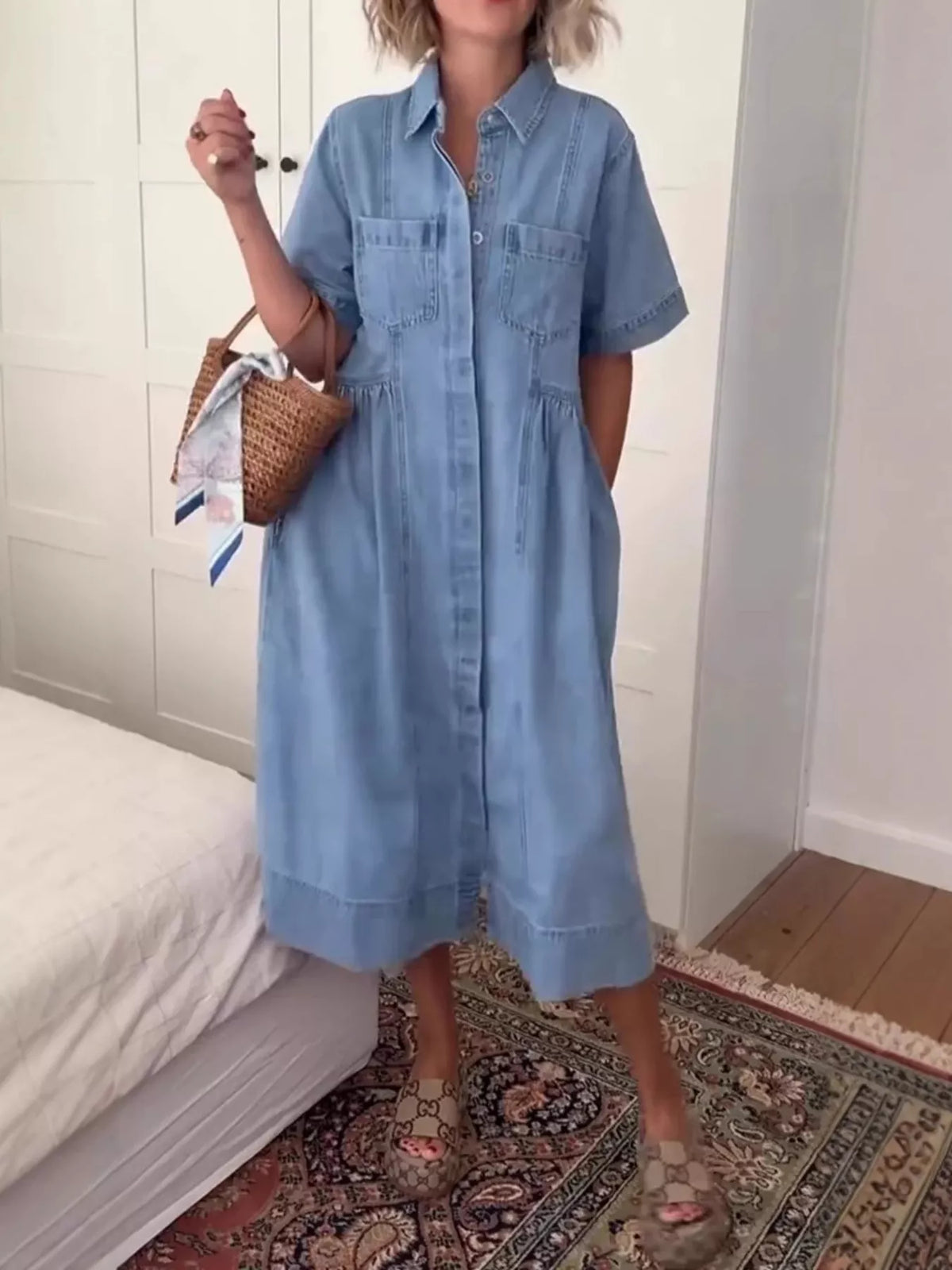 Button-Front Denim Midi Dress in Blue