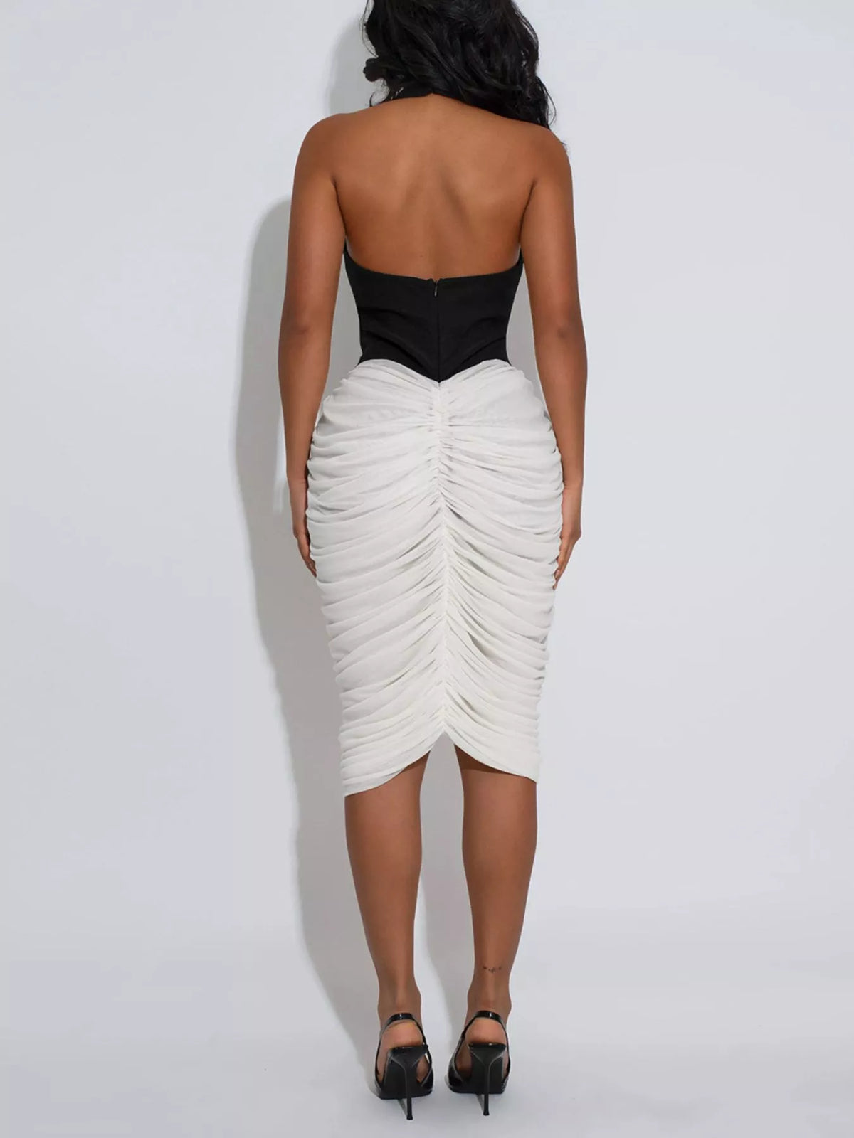 Two-Tone Sleeveless Ruched Midi Dress in Black