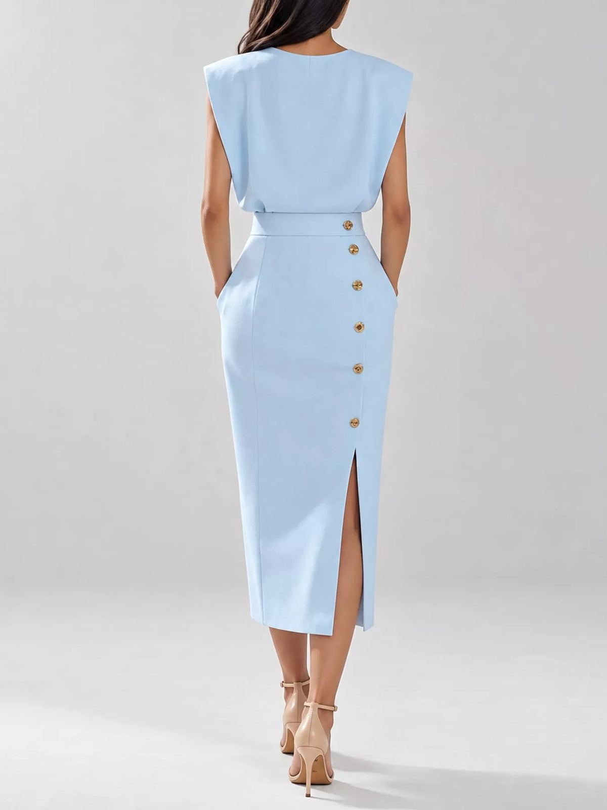 Sleeveless Midi Dress with Gold Button Detail