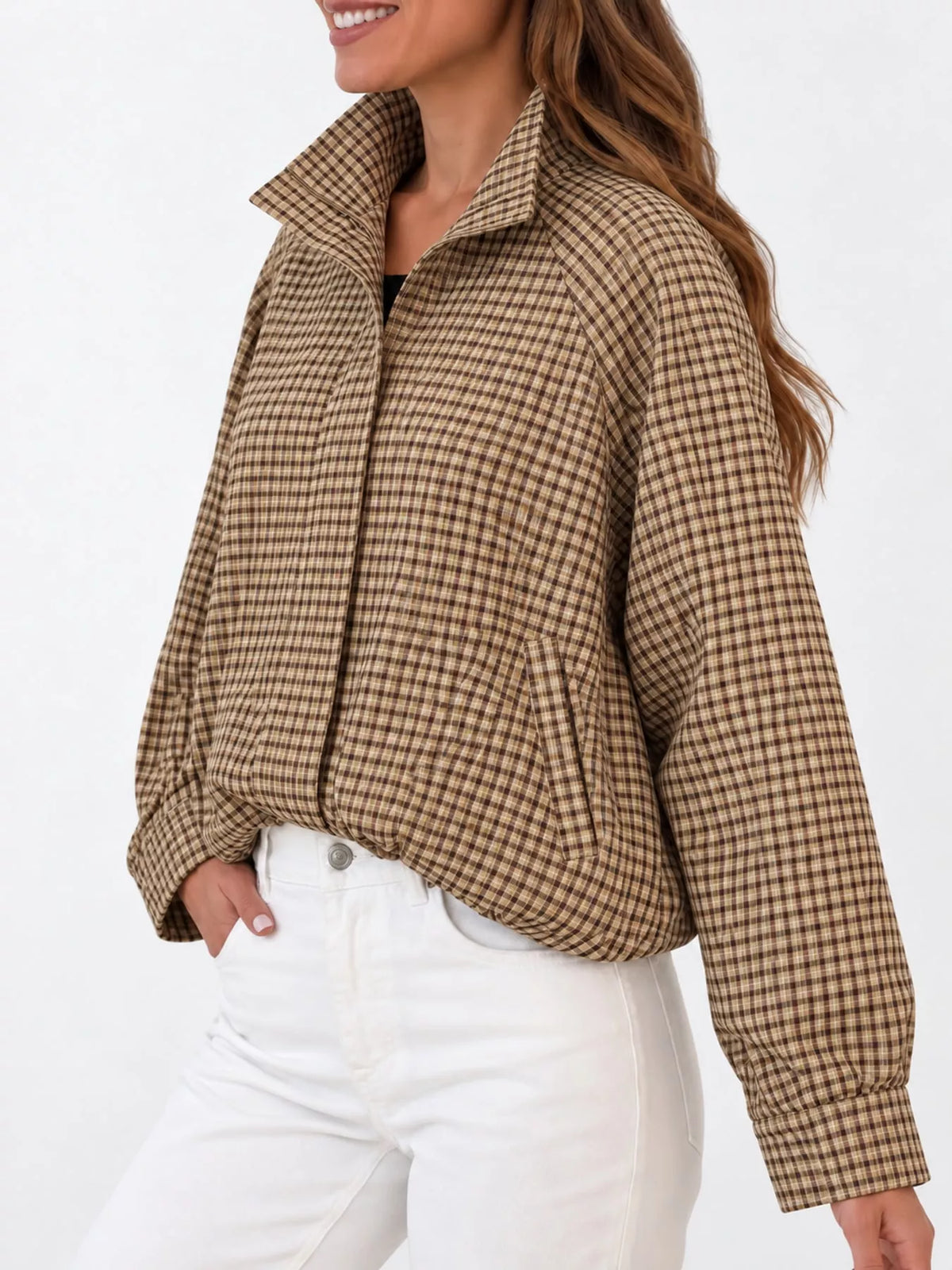 Plaid Stand-Collar Cropped Jacket
