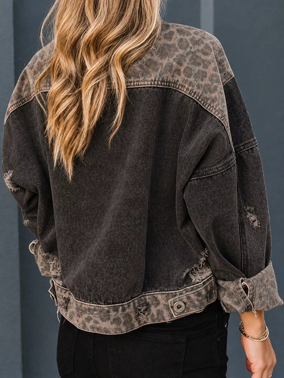 Distressed Leopard Dropped-Shoulder Denim Jacket