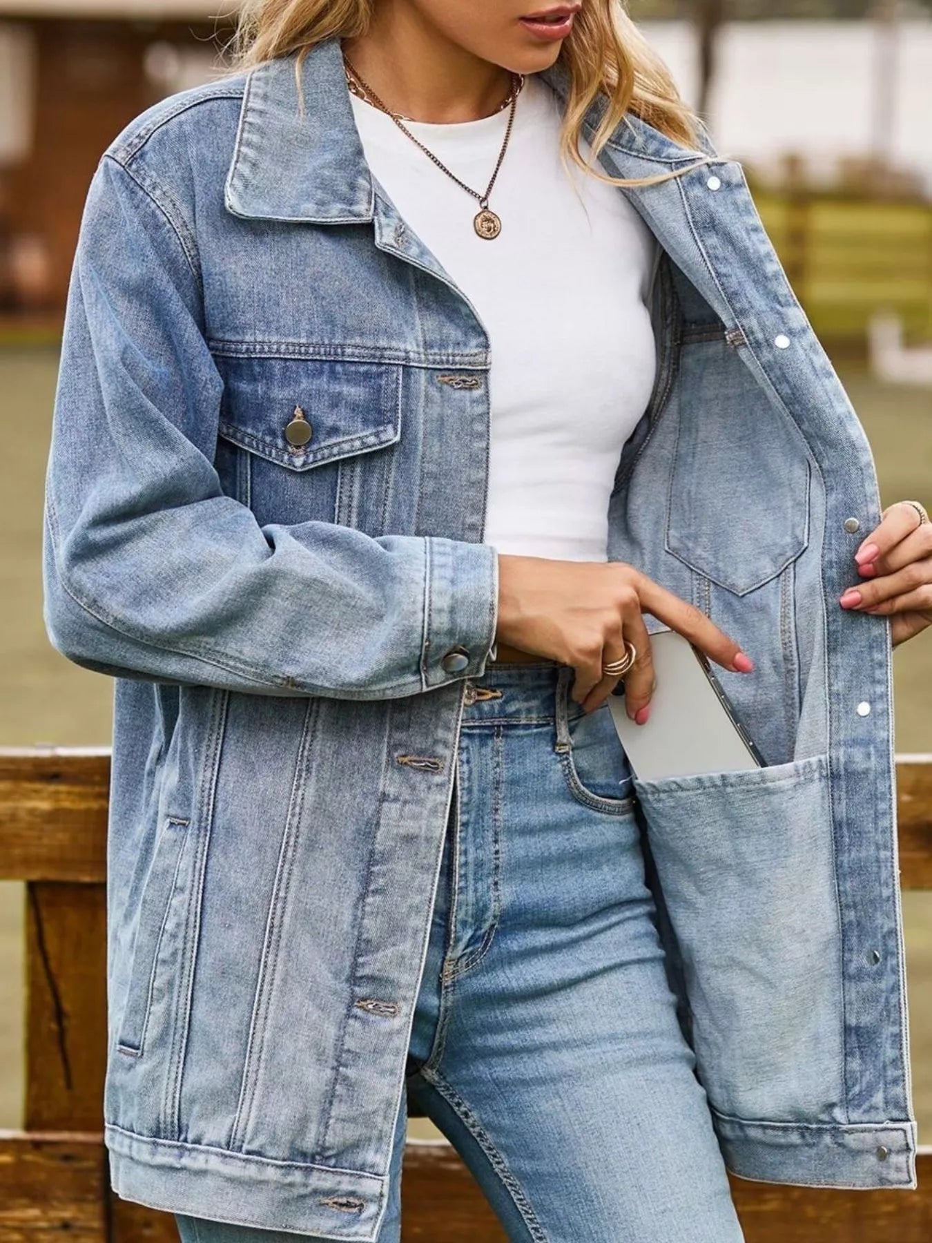 Button-Down Washed Denim Jacket in Hot Pink by Moni Wear