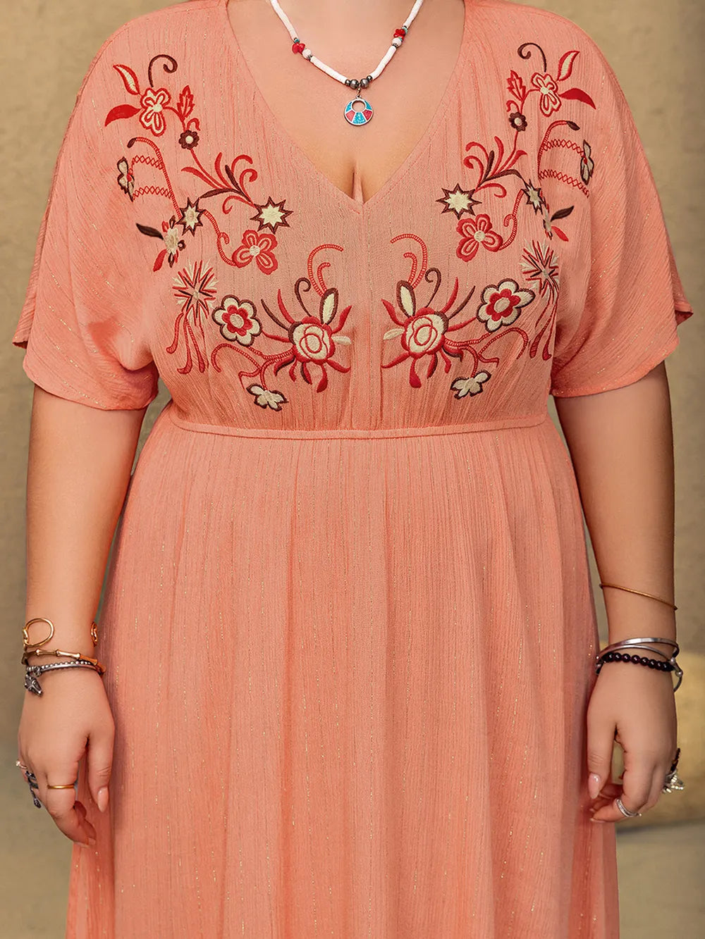Frill Embroidered V-Neck Maxi Dress in Coral