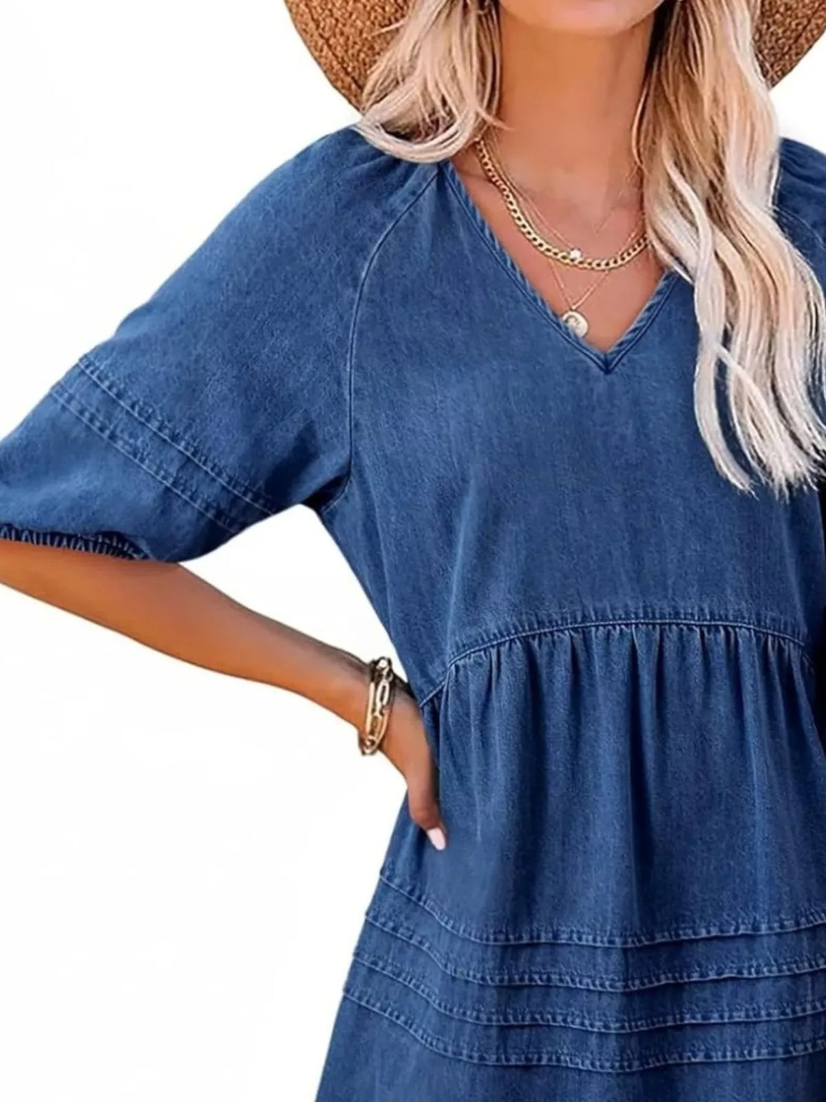 V-Neck Puff Sleeve Denim Mini Dress