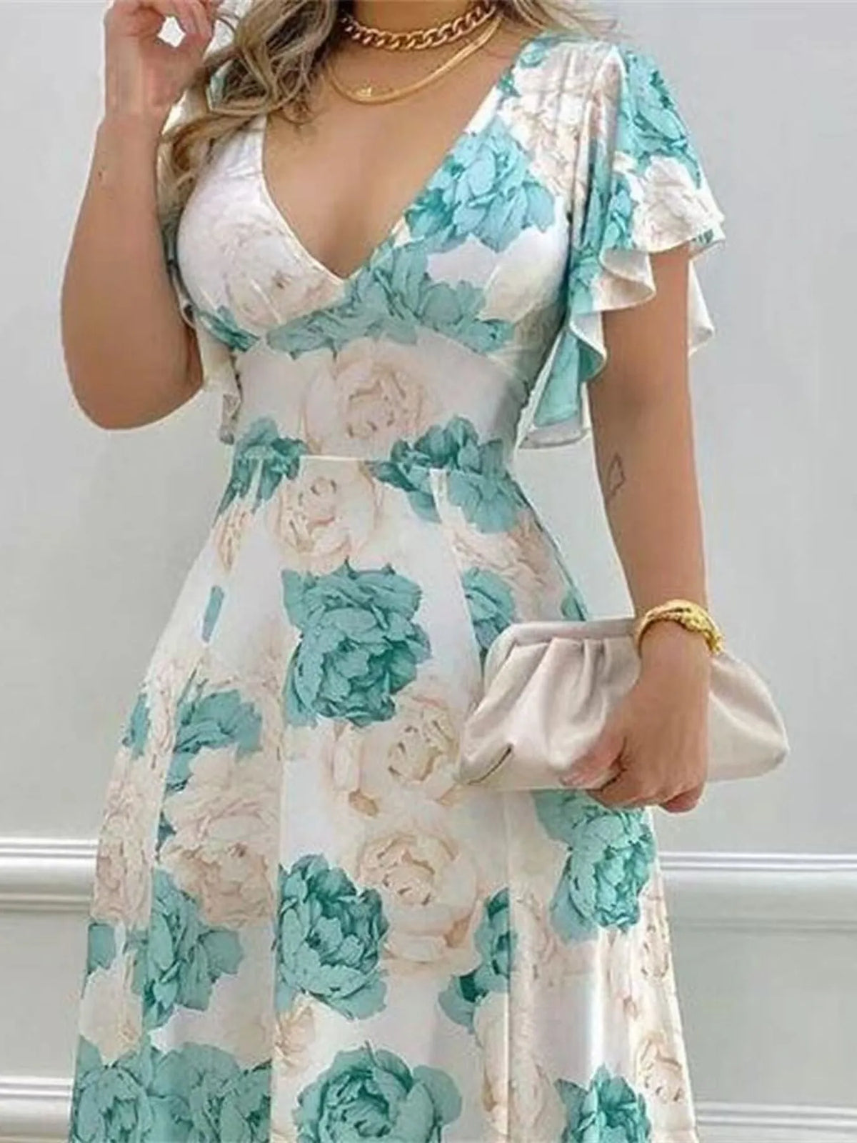 Plus Size Floral Flutter Sleeve Maxi Dress in Light Green