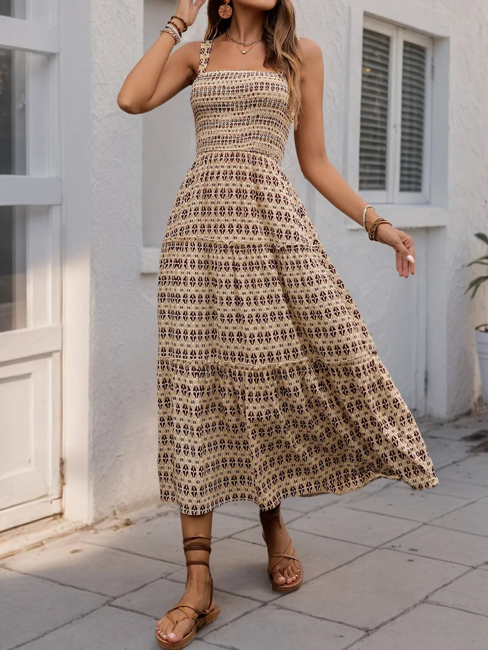 Printed Tiered Wide Strap Midi Dress in Camel