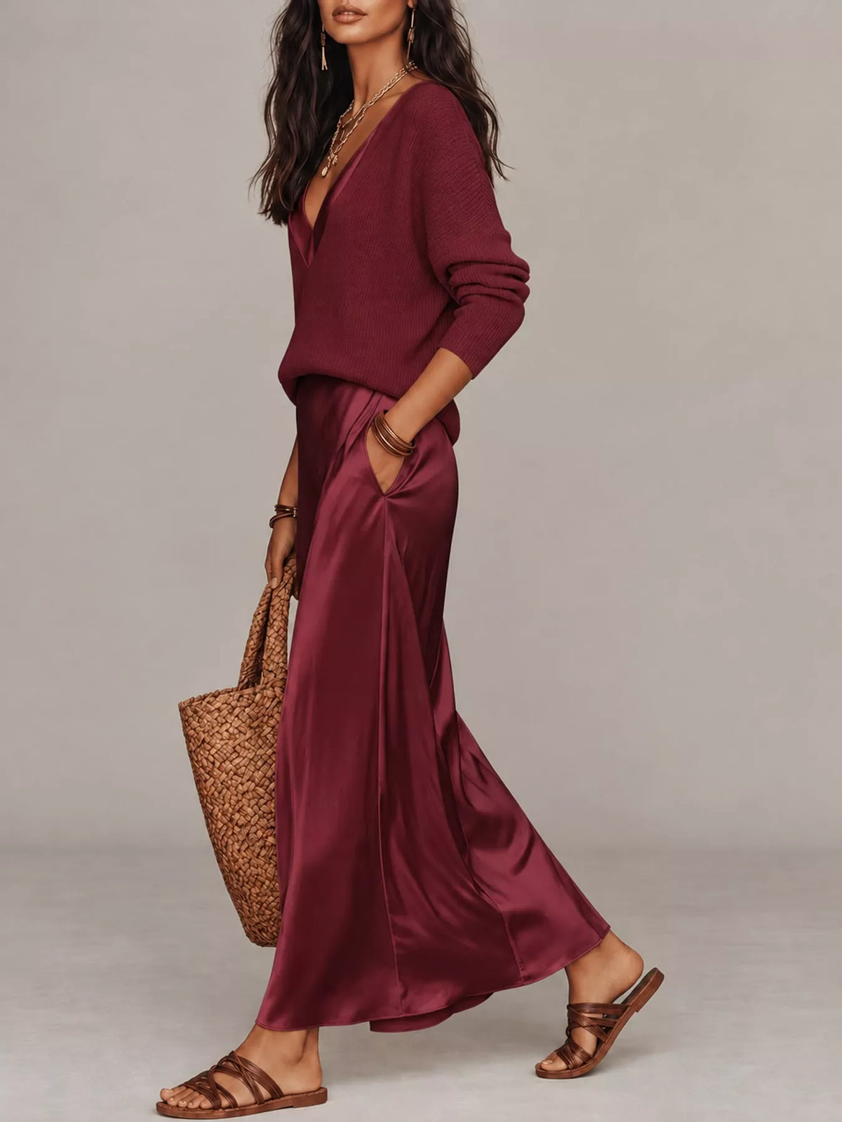V-Neck Top and Satin Midi Skirt Set