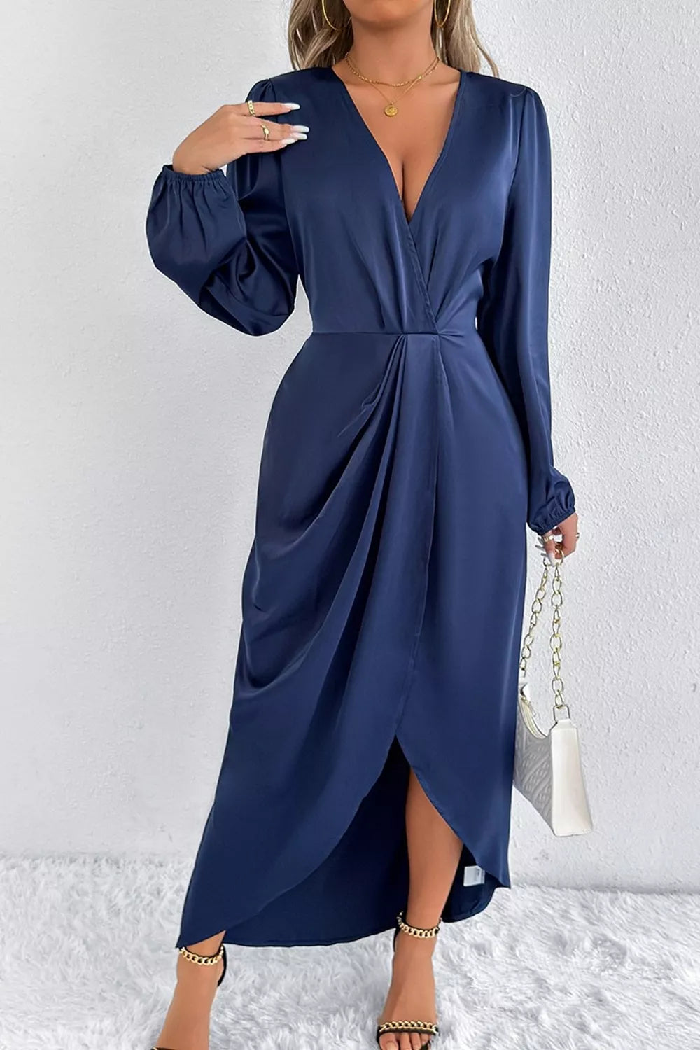 Satin Balloon Sleeve Midi Dress with Side Split