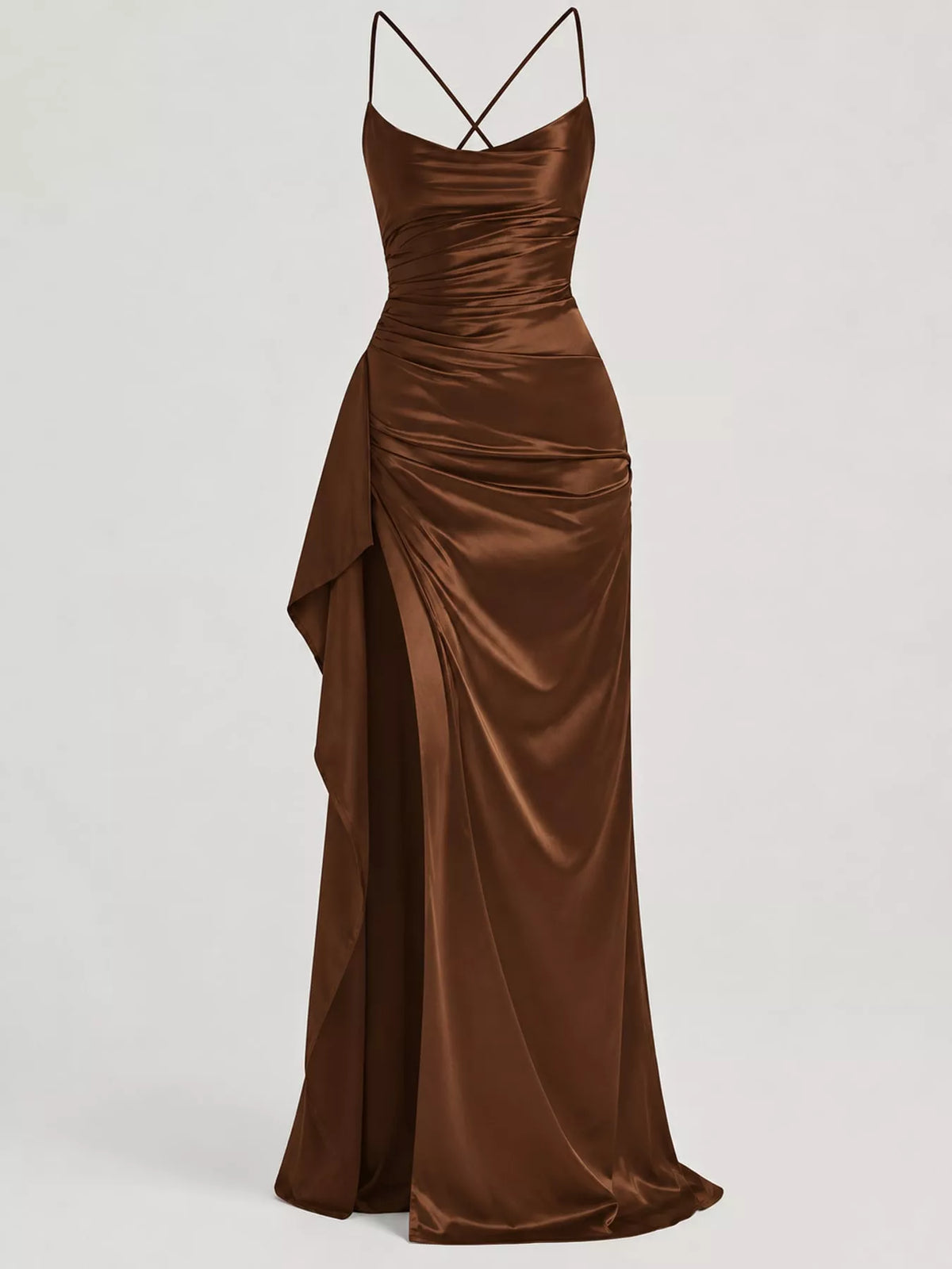 Satin Ruched High-Slit Maxi Dress