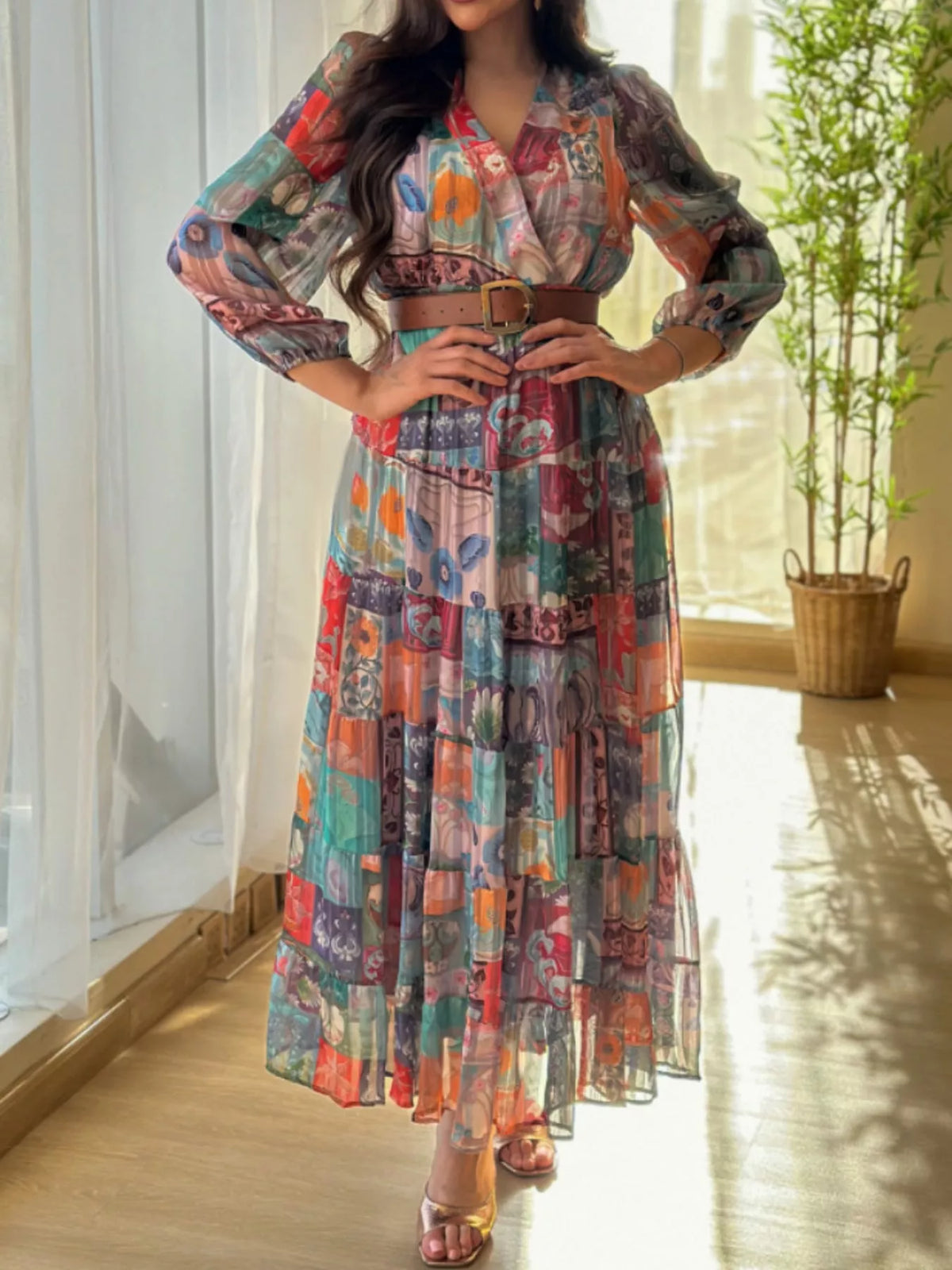 Printed Surplice Long Sleeve Maxi Dress in Multicolor