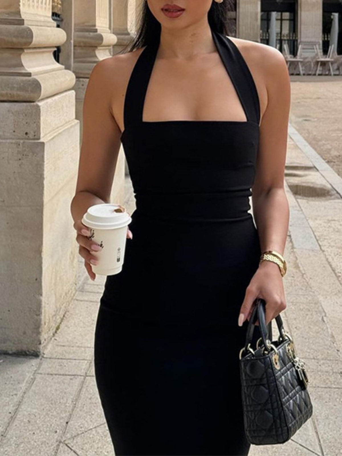 Halter Neck Bodycon Midi Dress in Black