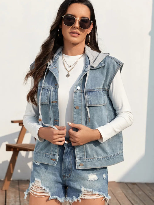 Drawstring Sleeveless Denim Jacket by Moni Wear