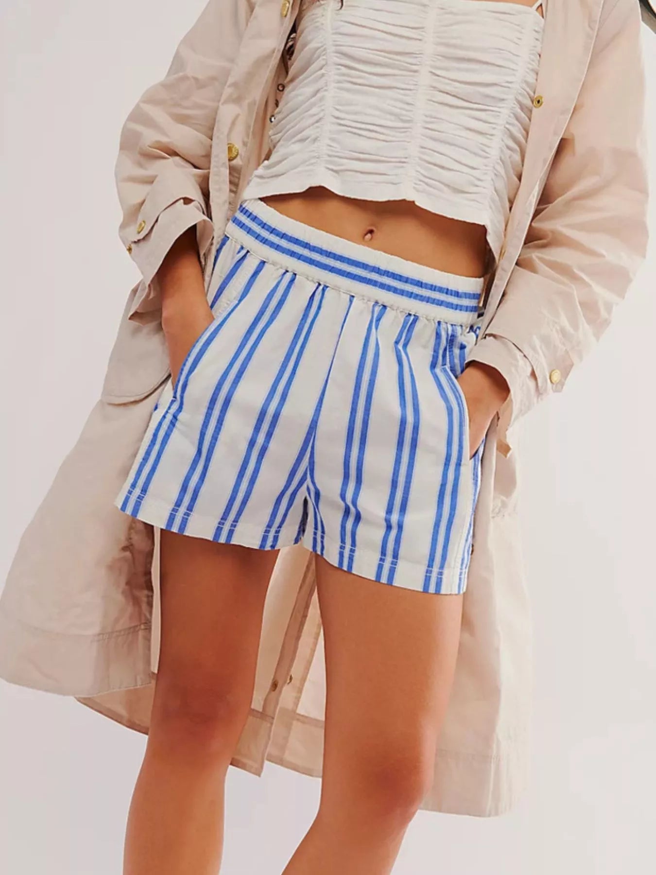 Striped Elastic Waist Shorts with Pockets by Mystique Q