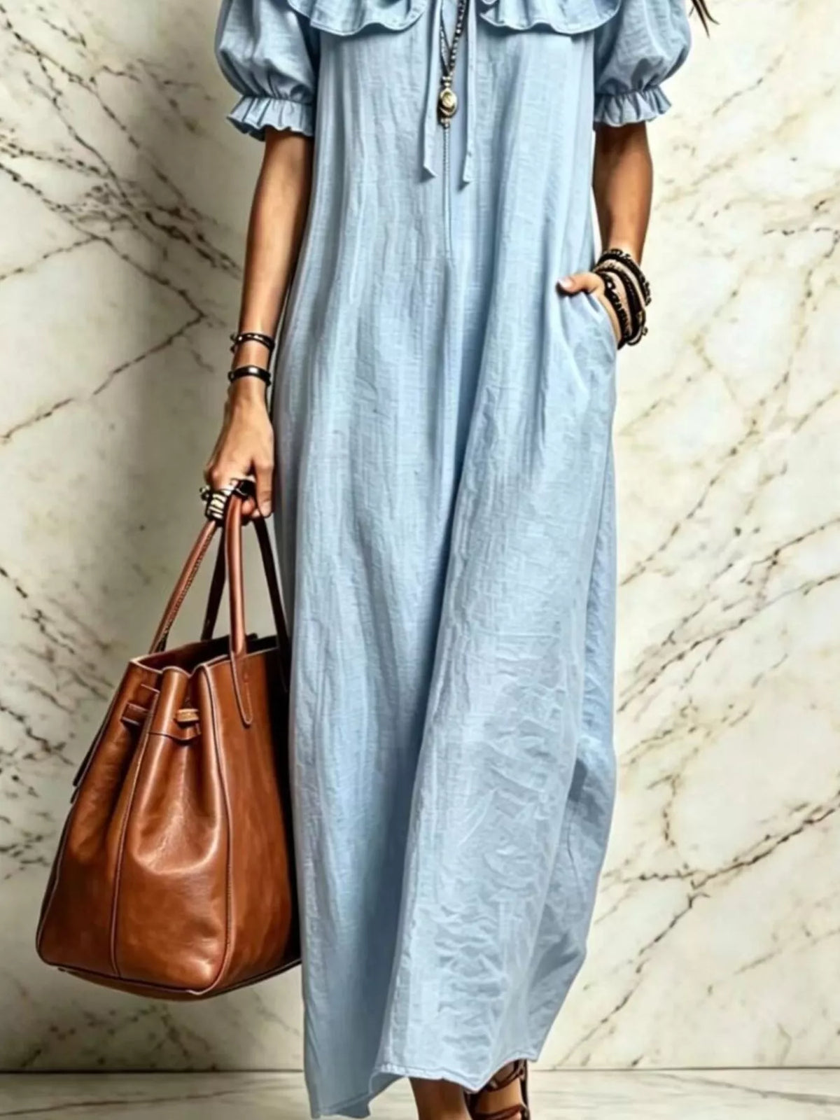 Puff Sleeve Ruffle Trim Maxi Dress